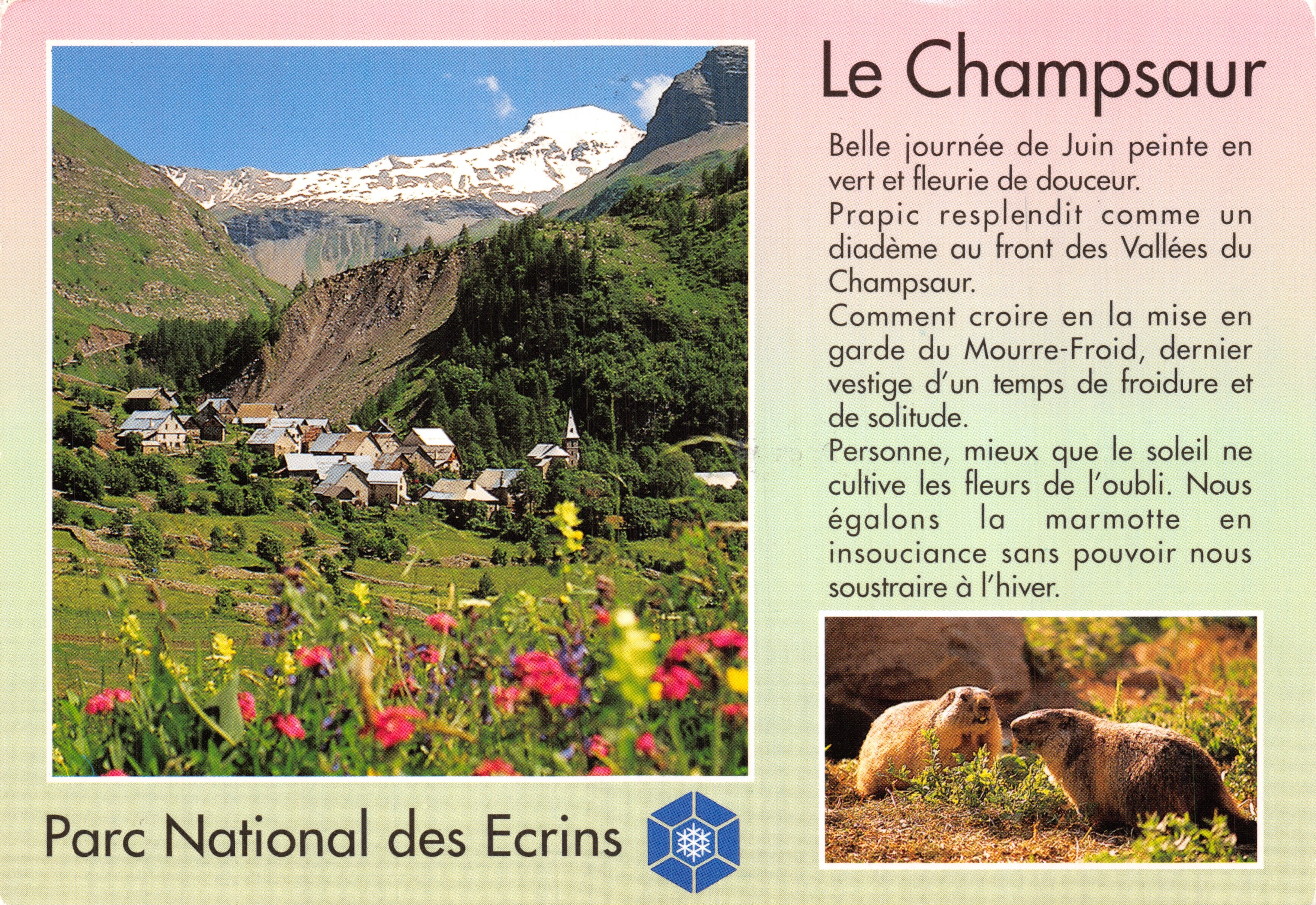 Le Champsaur — vue du village et des montagnes en été — Parc National des Ecrins, édition M 2983