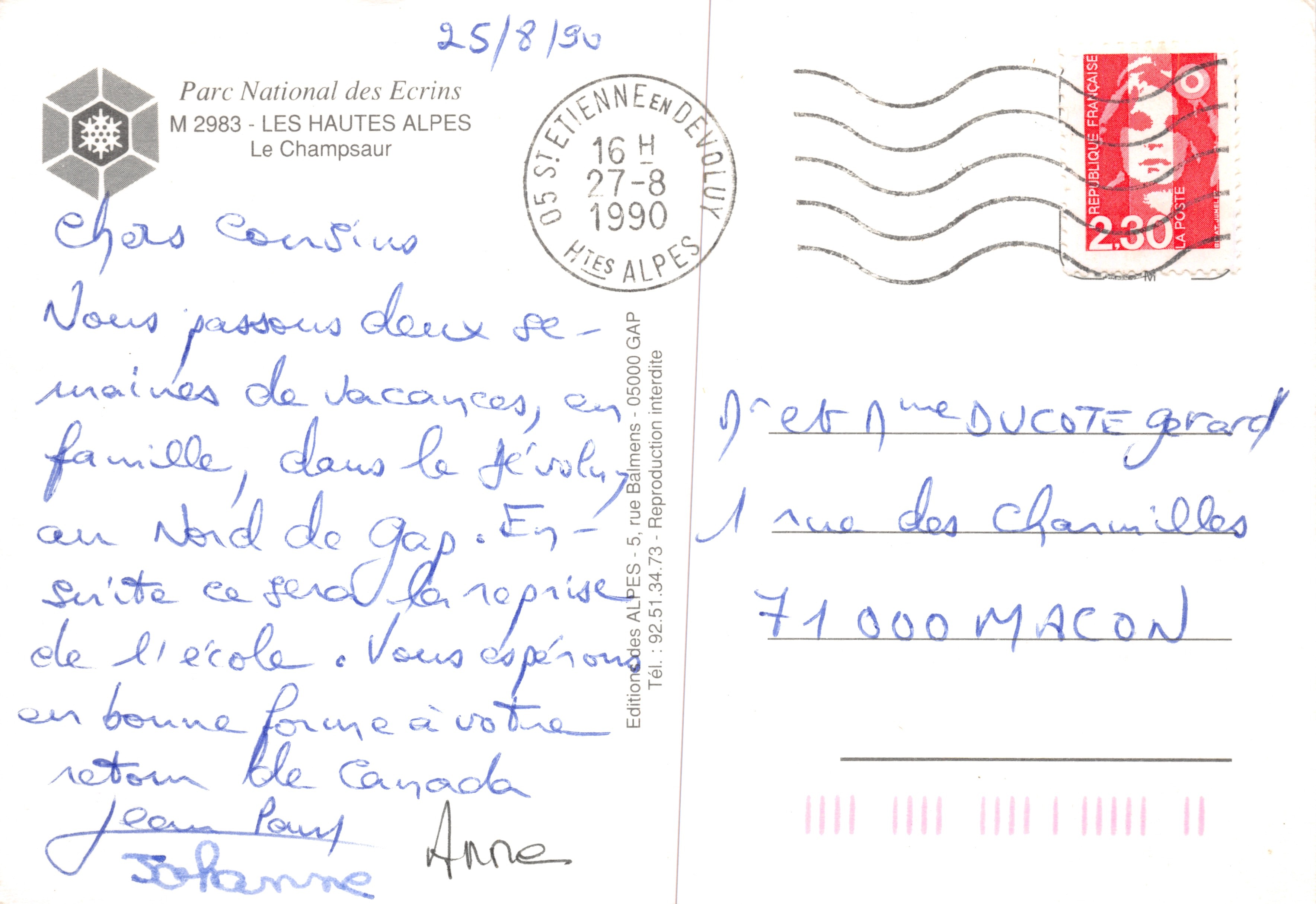 Le Champsaur — vue du village et des montagnes en été — Parc National des Ecrins, édition M 2983 — Verso