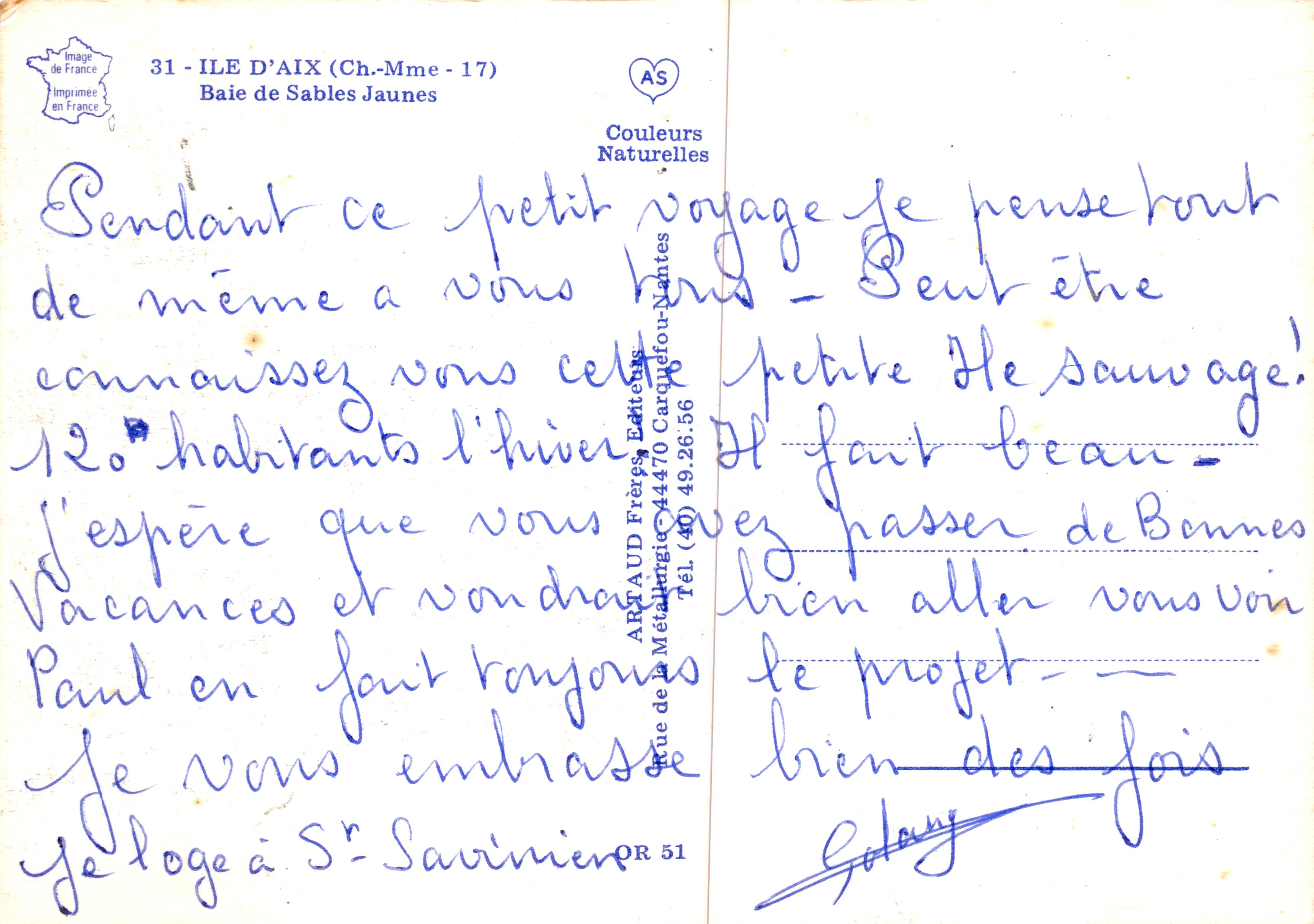 Bay of Sables Jaunes — Ile d'Aix — publisher ARTAUD Frères, Nantes — Back