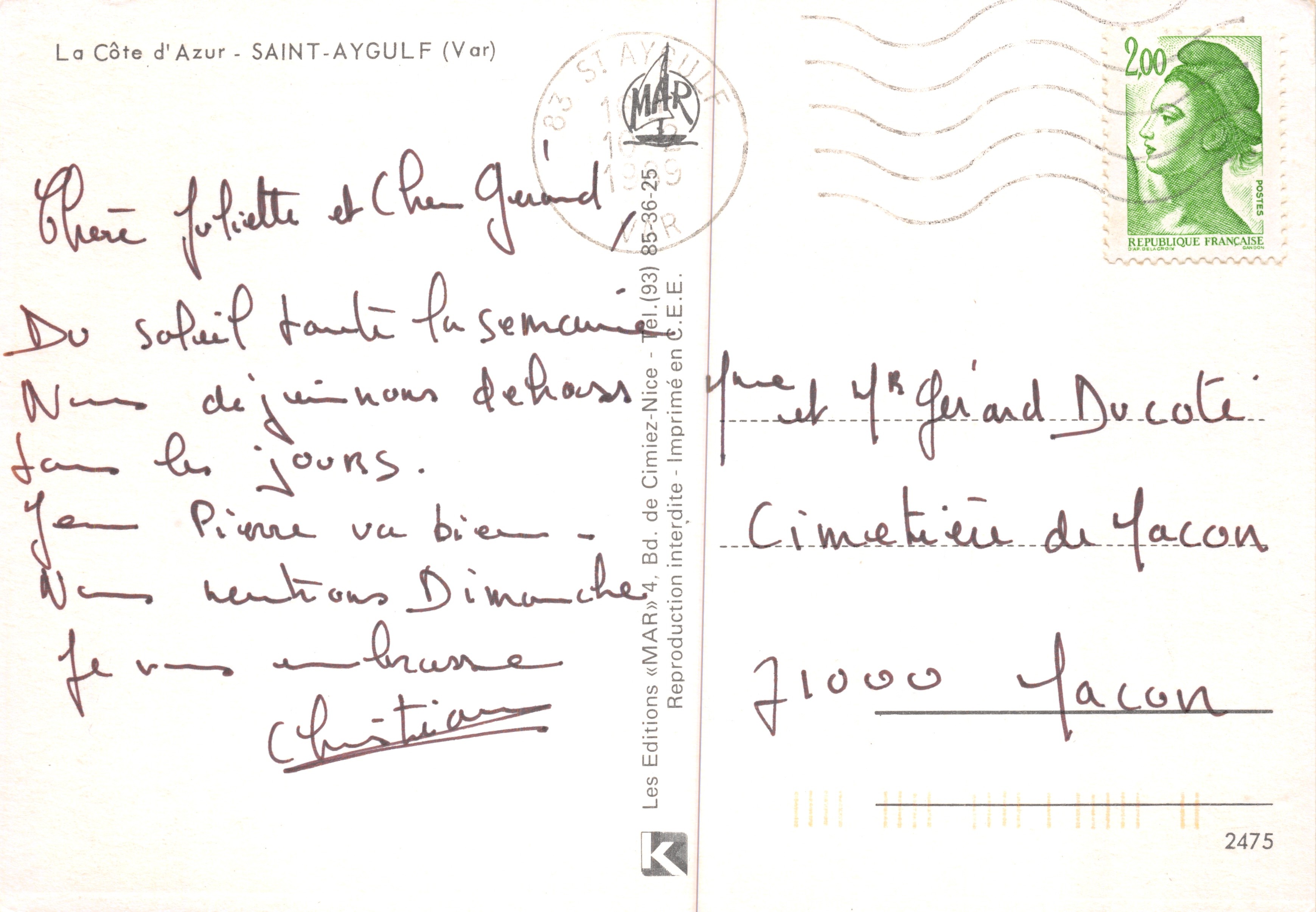 Saint-Aygulf — levendige strand onder mimosa's — uitgever MAR — Achterkant