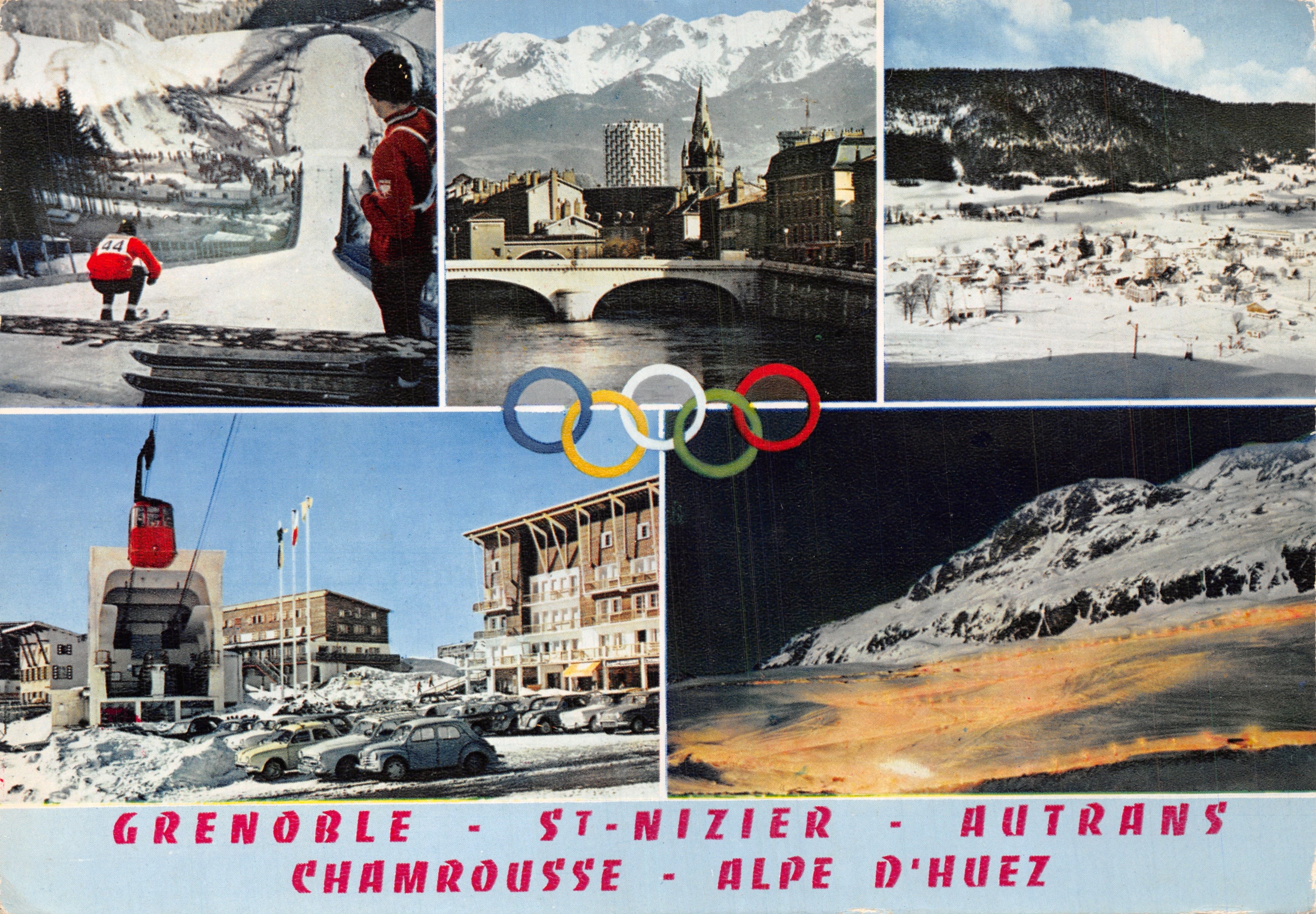 Grenoble - St-Nizier - Autrans - Chamrousse - Alpe d'Huez — Collage olímpico con esquiadores, montañas e instalaciones