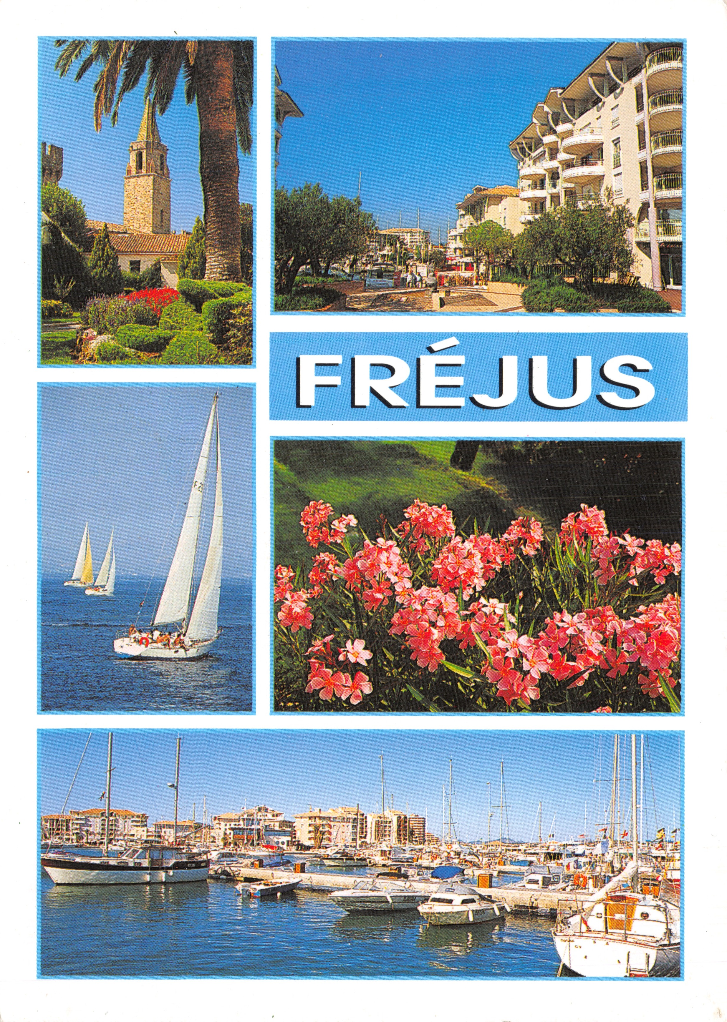 Fréjus — panoramische uitzicht met kerk, haven, bloemen en zeilboten — ÉDITIONS S.M.D. IMPRESSIONS CIM