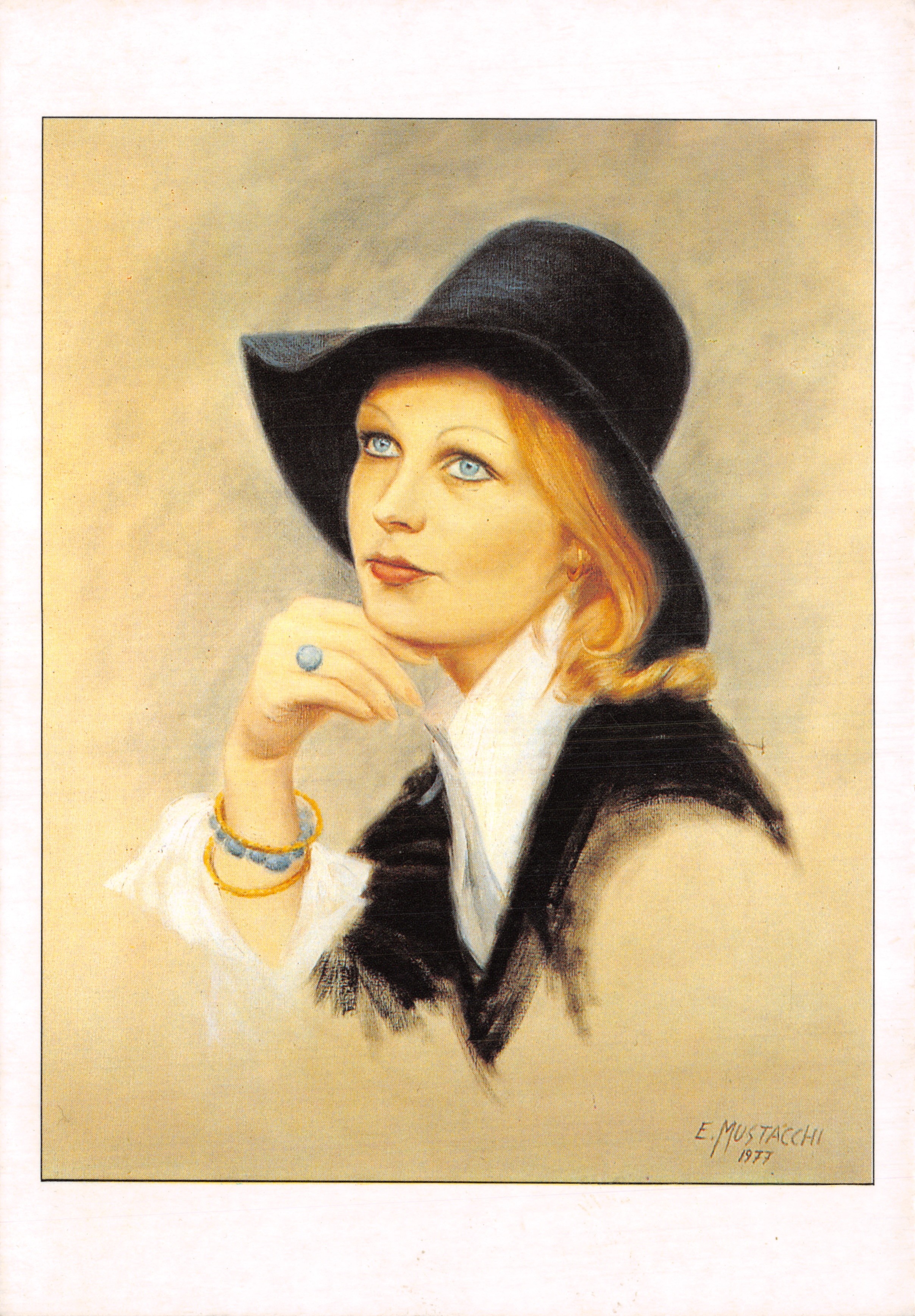 Ritratto di donna — donna con cappello nero e colletto bianco — E. Mustacchi 1977