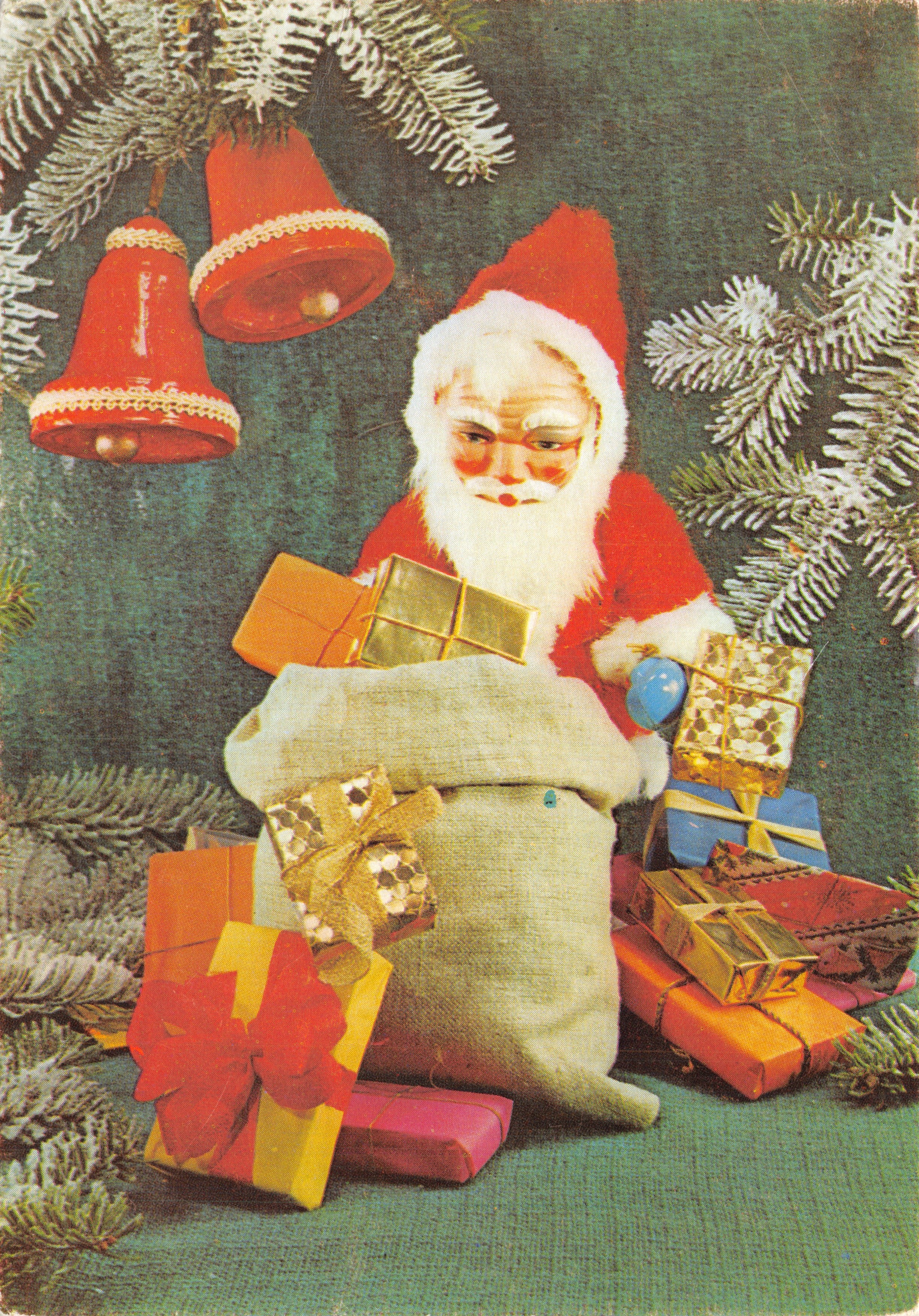 Father Christmas surrounded by gifts — Christmas scene with red bells — publisher not visible, without serial number
