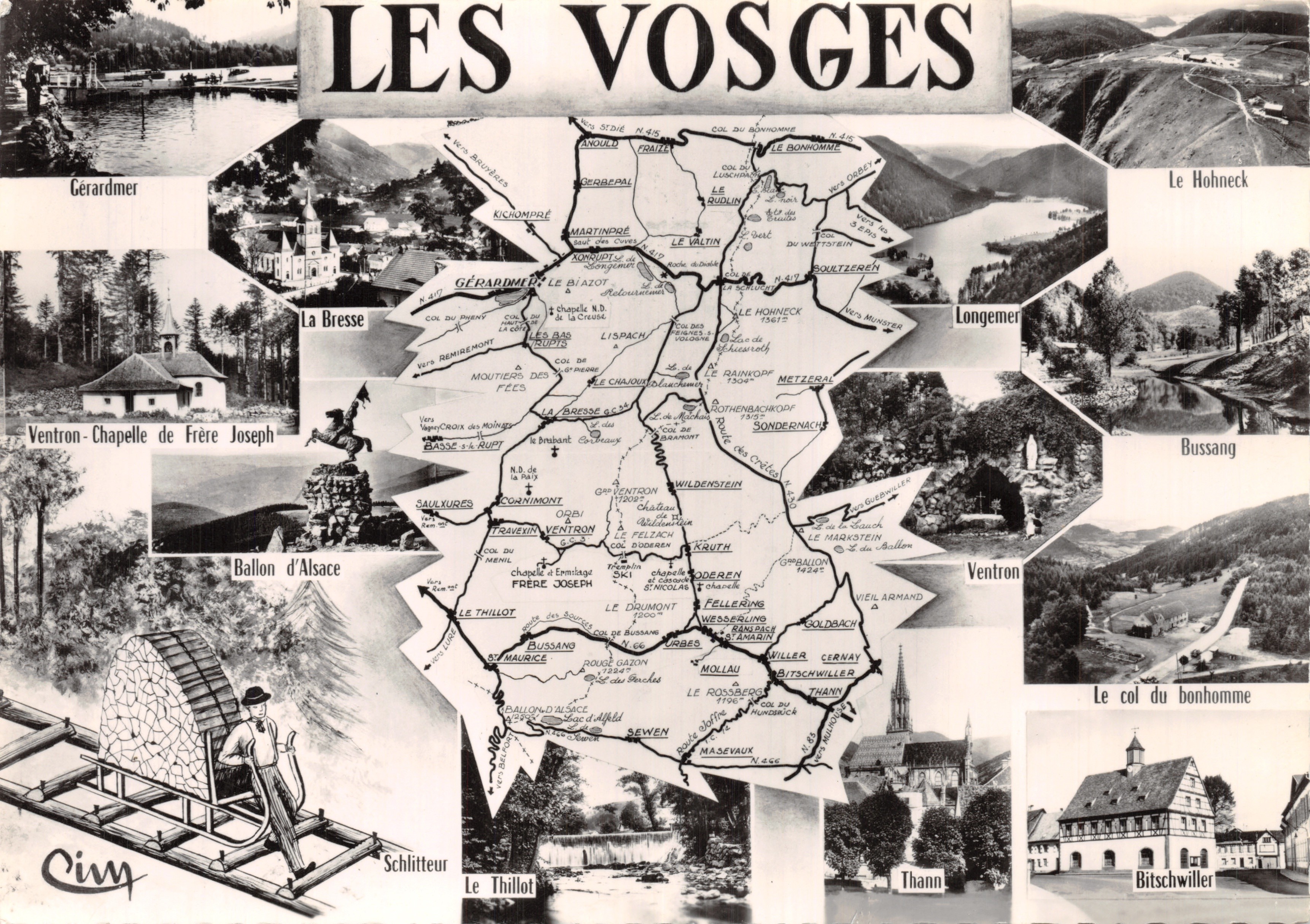 Los Vosgos — tarjeta postal ilustrada con mapa y viñetas de lugares — editor Cimy