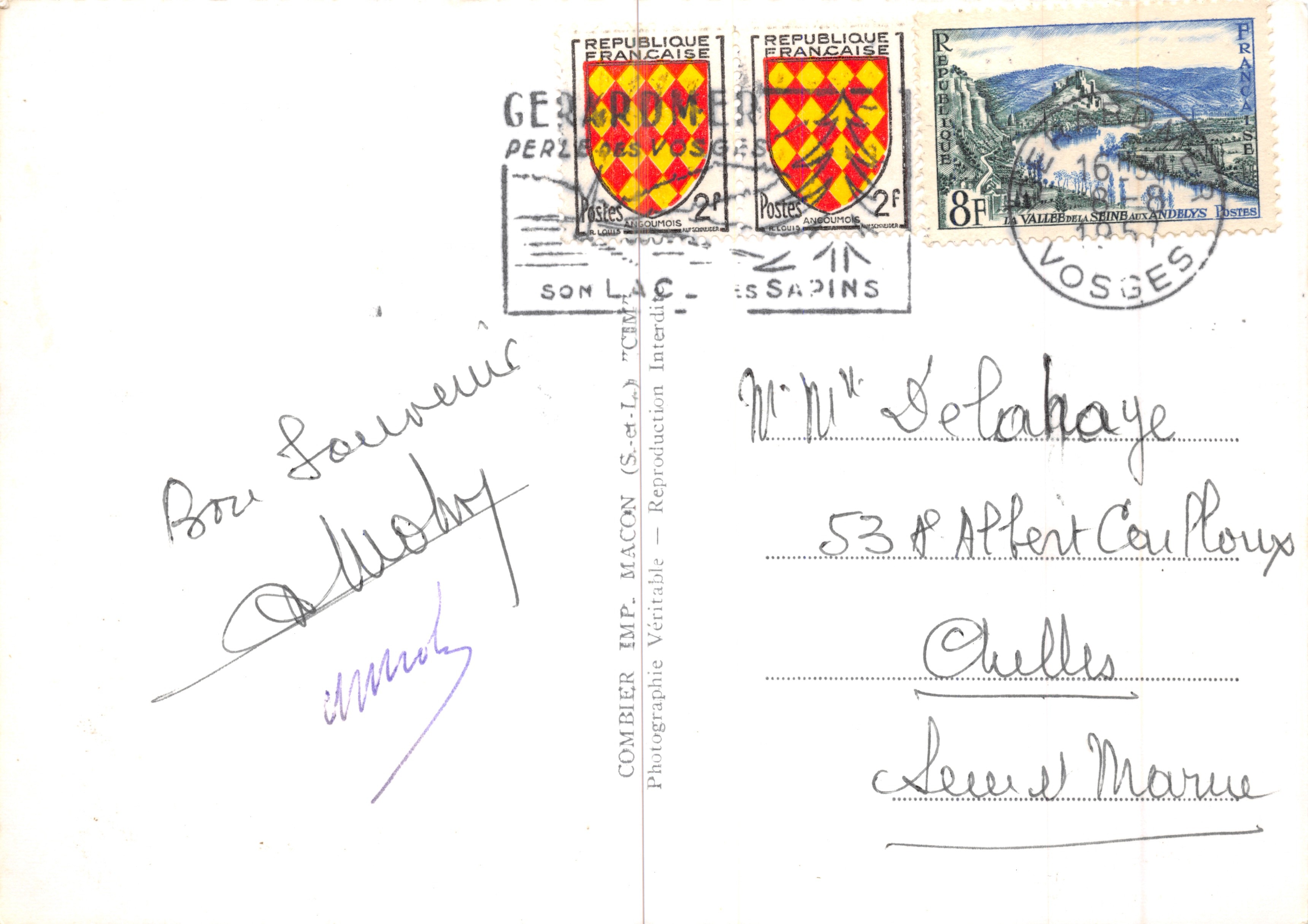 Los Vosgos — tarjeta postal ilustrada con mapa y viñetas de lugares — editor Cimy — Reverso