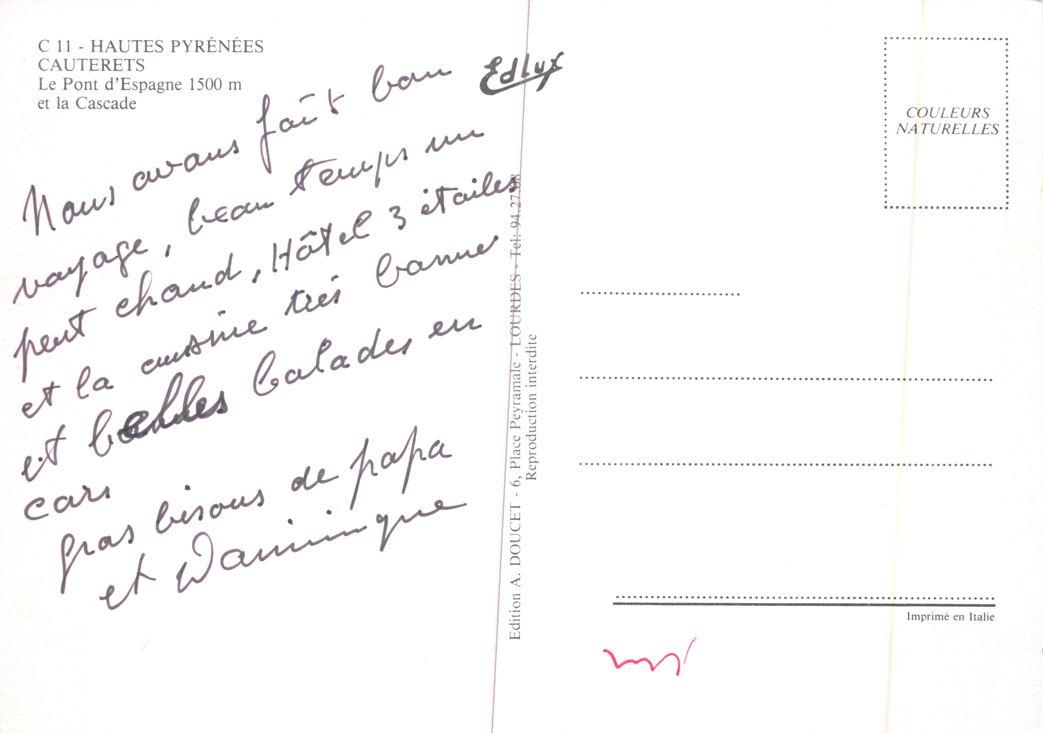 Cauterets — El Puente de España y la Cascada — Edición A. Doucet — Reverso