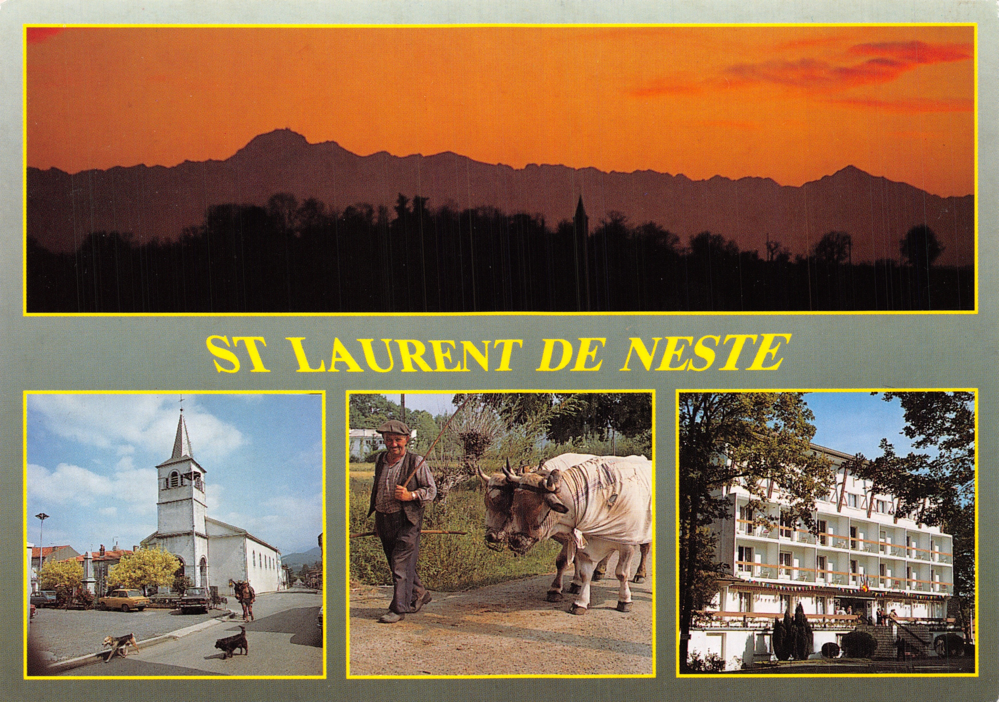 St Laurent de Neste — Berglandschaft am Sonnenuntergang, Kirche, Mann mit Stier, Hotel — Verlag S.A. APA-POUX - ALBI