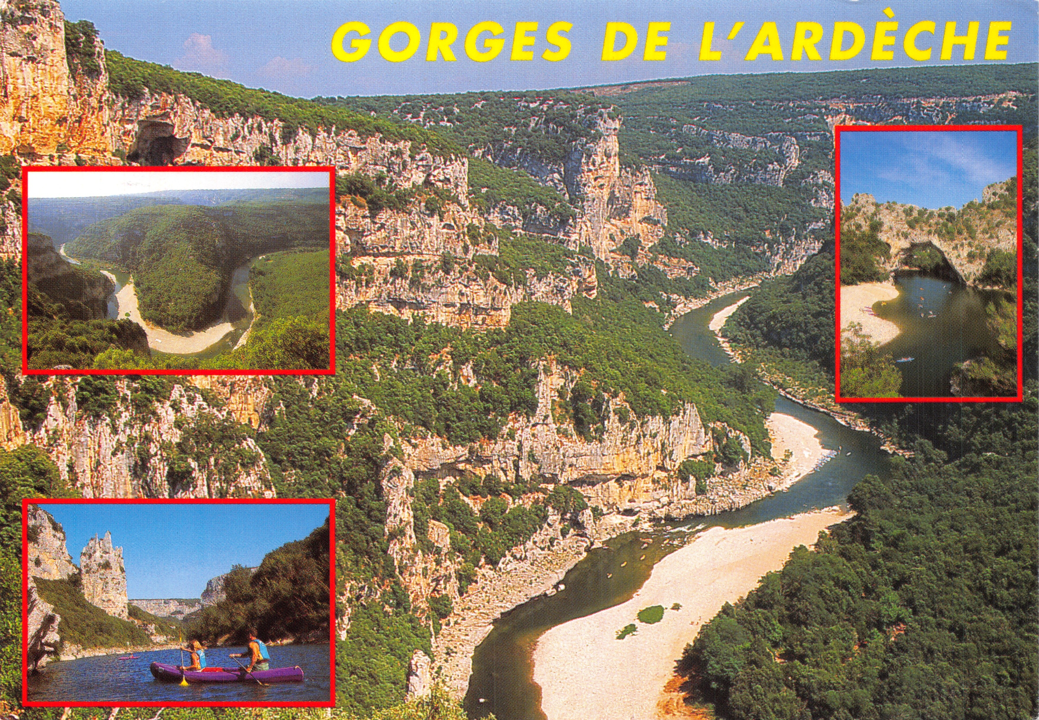 Gorges de l'Ardèche — vista panorámica con insertos de canoa y paisajes — Ed. D. PIGNOL