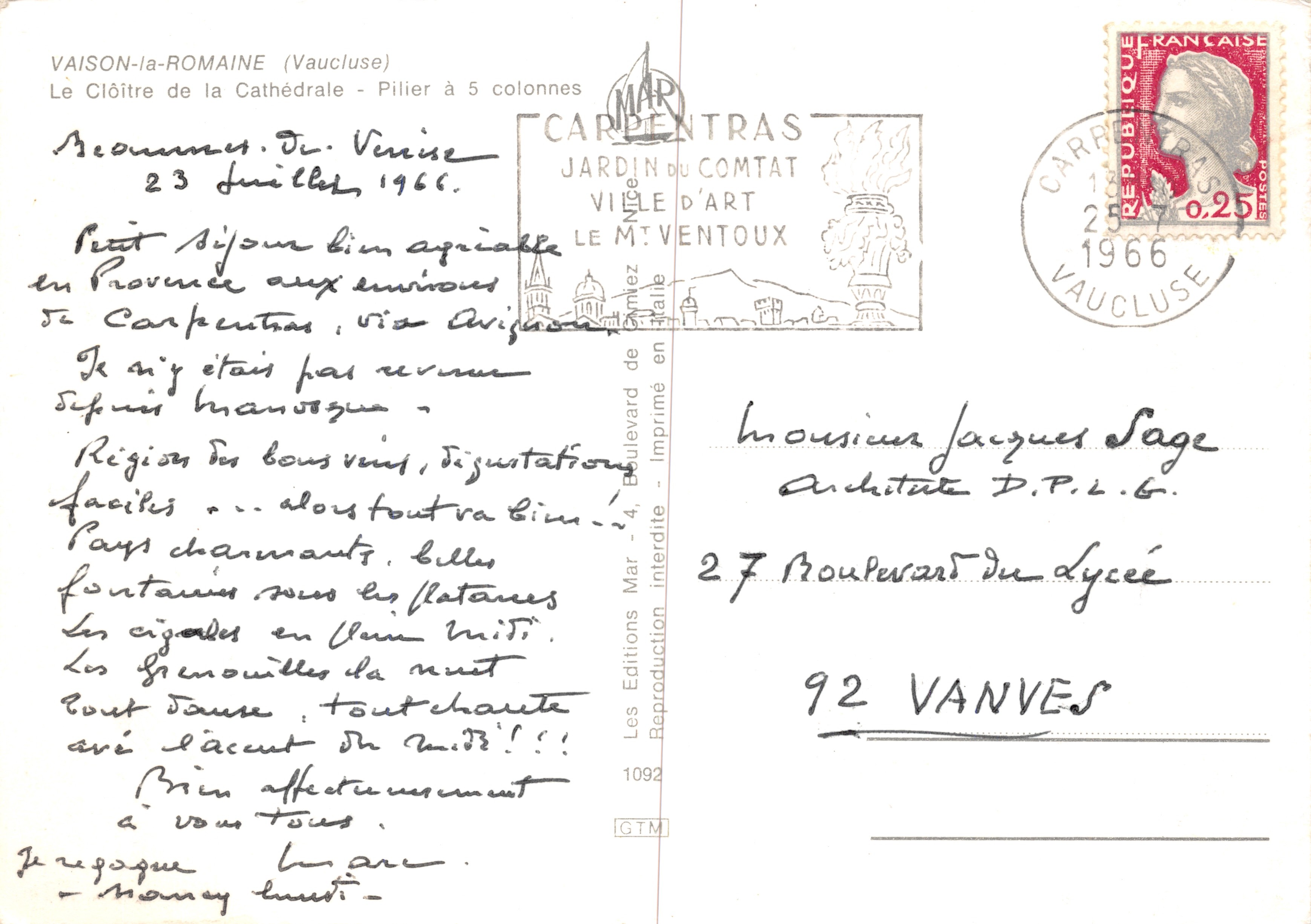 Il Cloister della Cattedrale — Pilastro con 5 colonne — Les Éditions du Comtat, n°1092 — Verso
