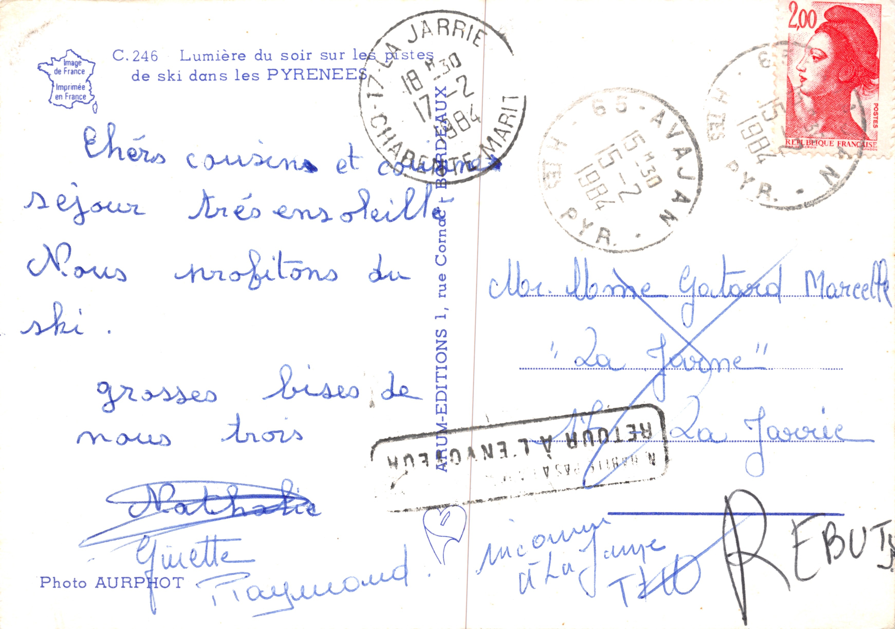 Pistas de esquí en las Pirineos — Luz de la tarde — Impreso en la tarjeta por ARUM-EDITIONS — Reverso