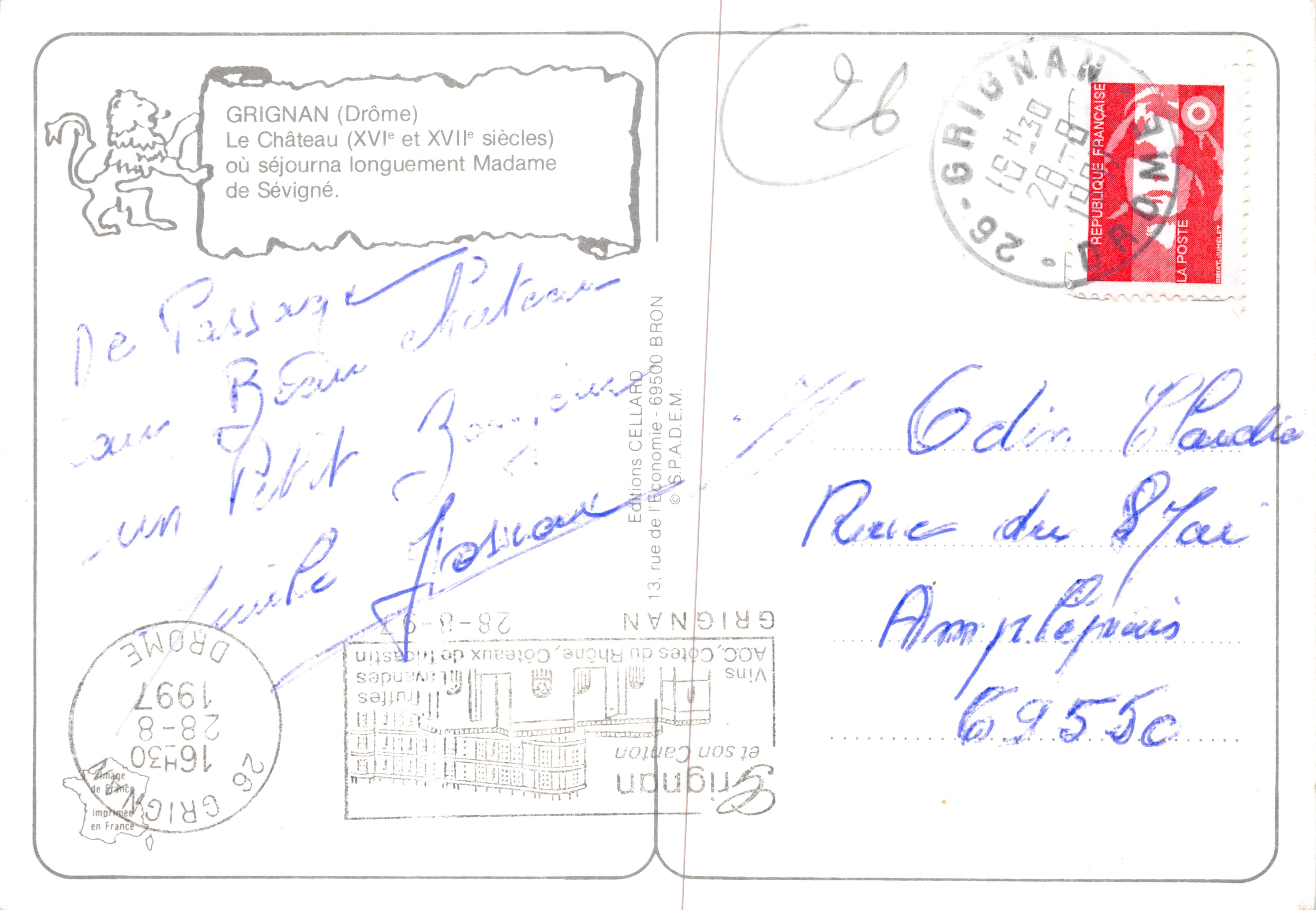 Grignan — Castillo y pueblo — Editions CELLARON — Reverso