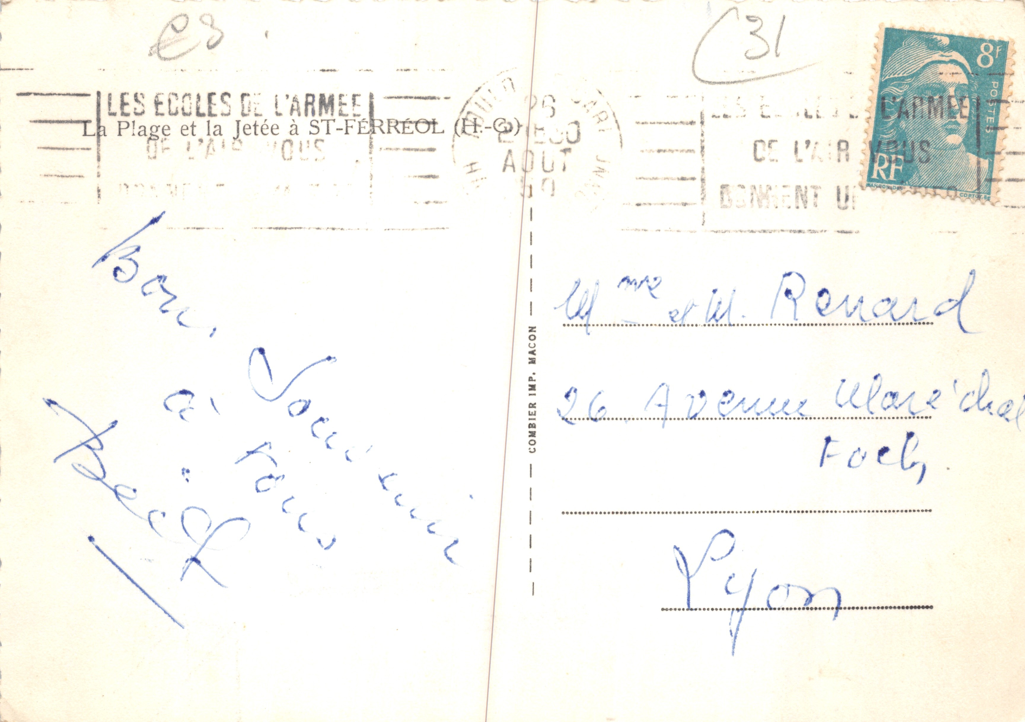 La Playa y el Muelle en Saint-Féréol — Las Escuelas del Ejército — editor COMBIER IMP. MACON — Reverso