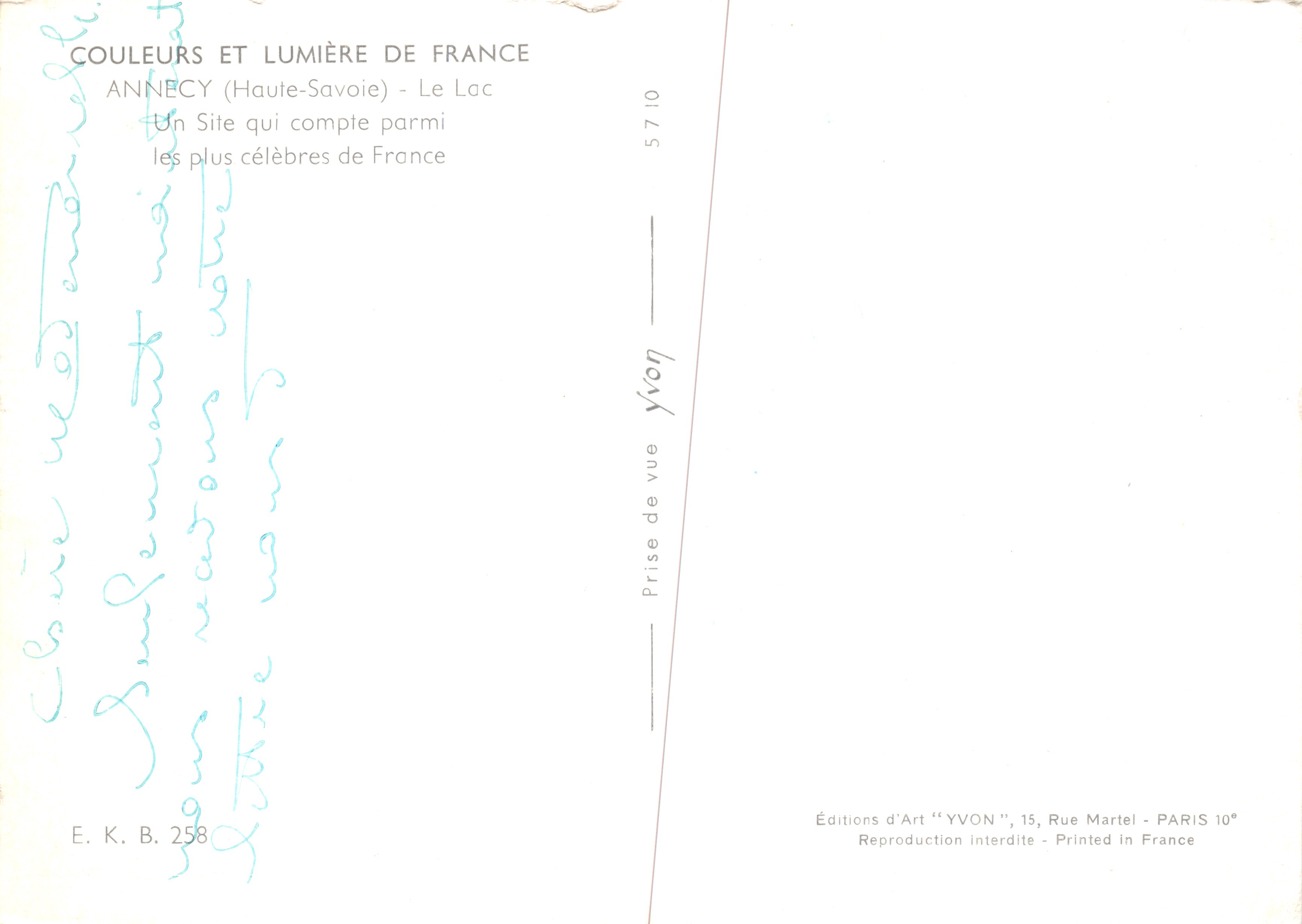 Lago de Annecy — vista panorámica — Editions d'Art "YVON", n° 258 — Reverso
