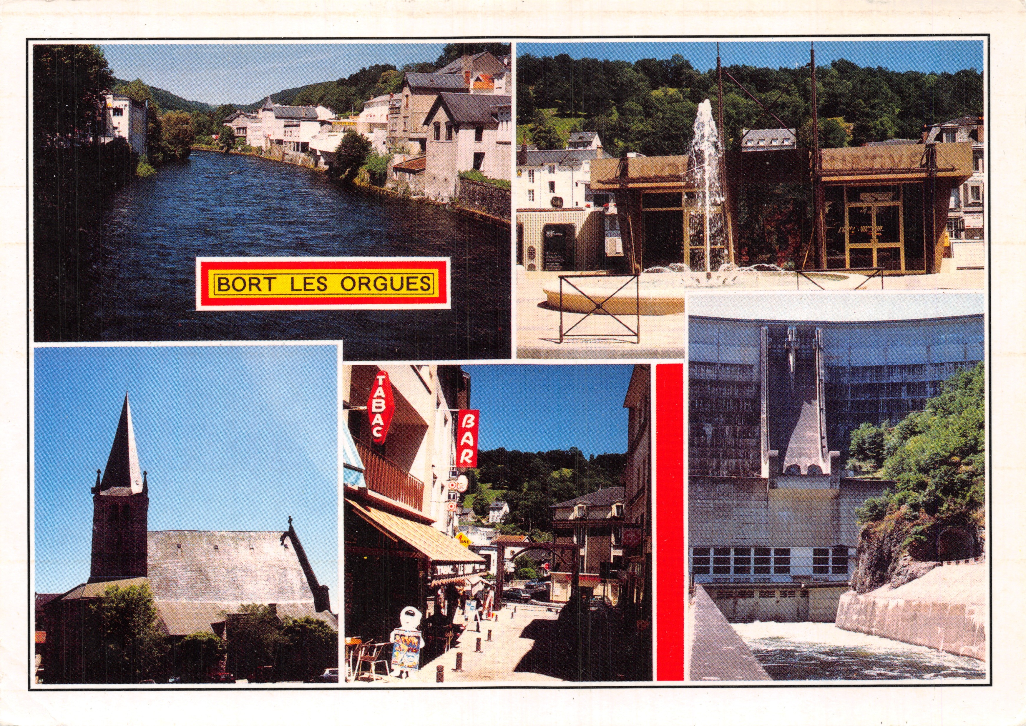 Bort les Orgues — Panoramablick mit religiösem Gebäude, Brunnen, Staudamm und belebter Straße — Éditions Dubray, Nr. C 739/19