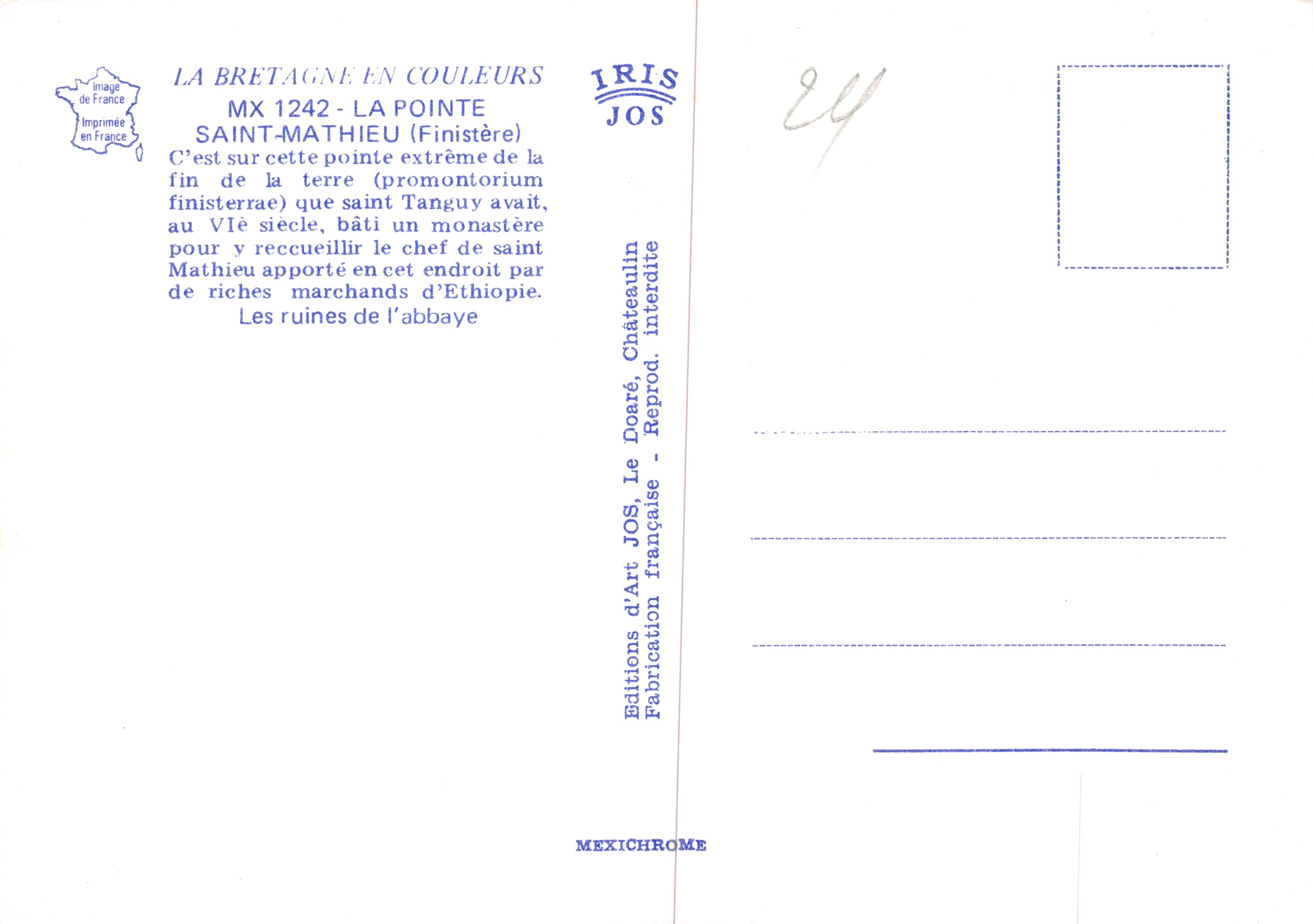 Abadía de La Pointe Saint-Mathieu — ruinas góticas y faro — Éditions d'Art JOS — Reverso
