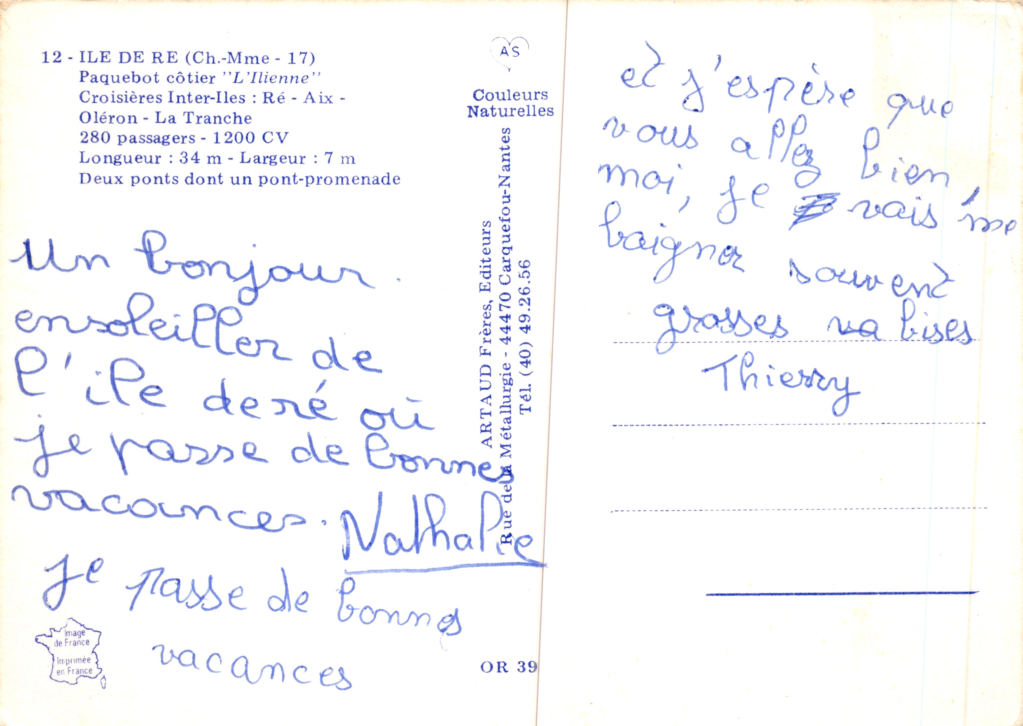 La nave 'L'Ilienne' — crociera costiera all'Île de Ré — editore ARTAUD Frères, Nantes — Verso