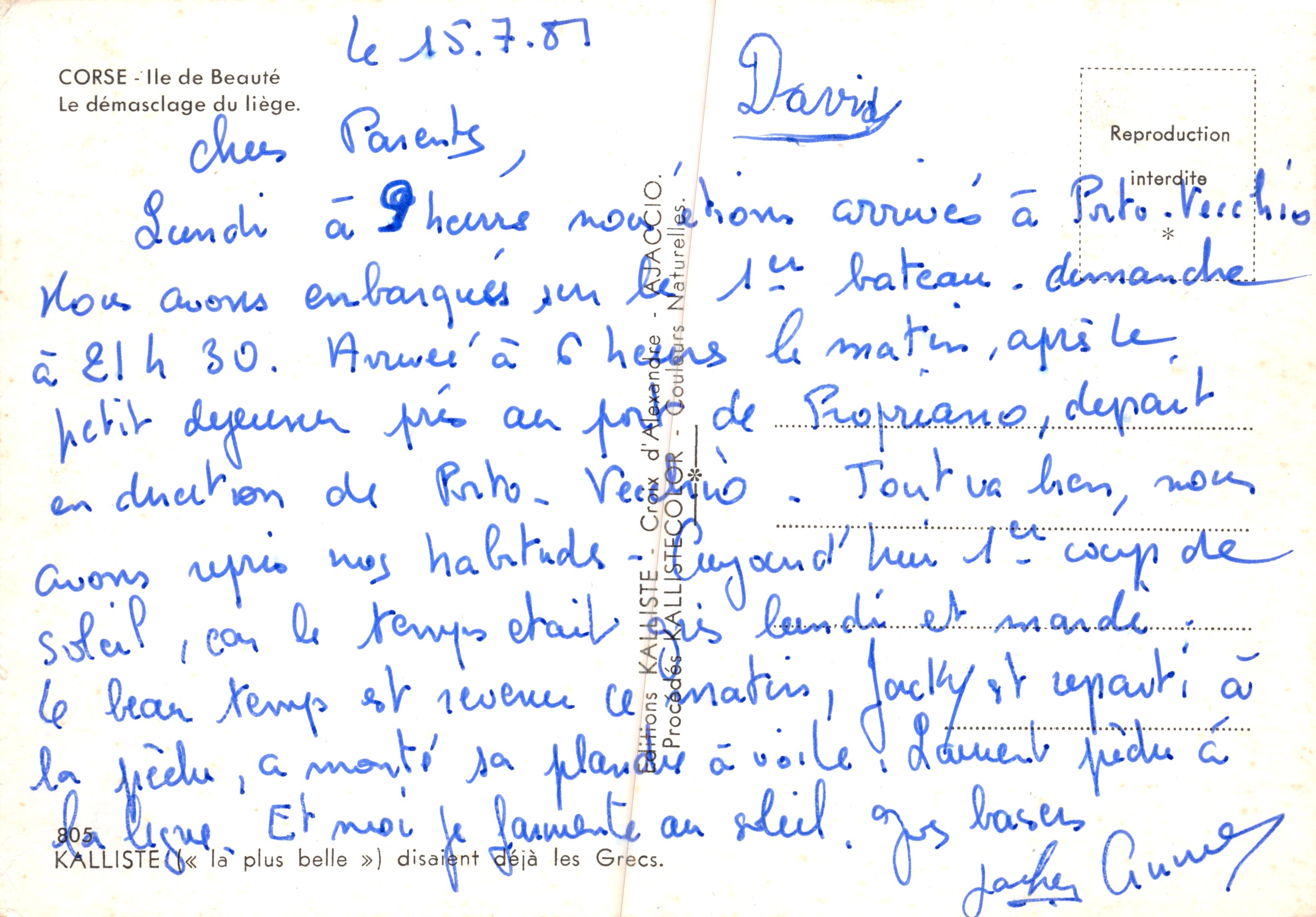 Ondekking van lierhout — werkscene in Corsica — uitgever KALLISTE, nr. 805 — Achterkant