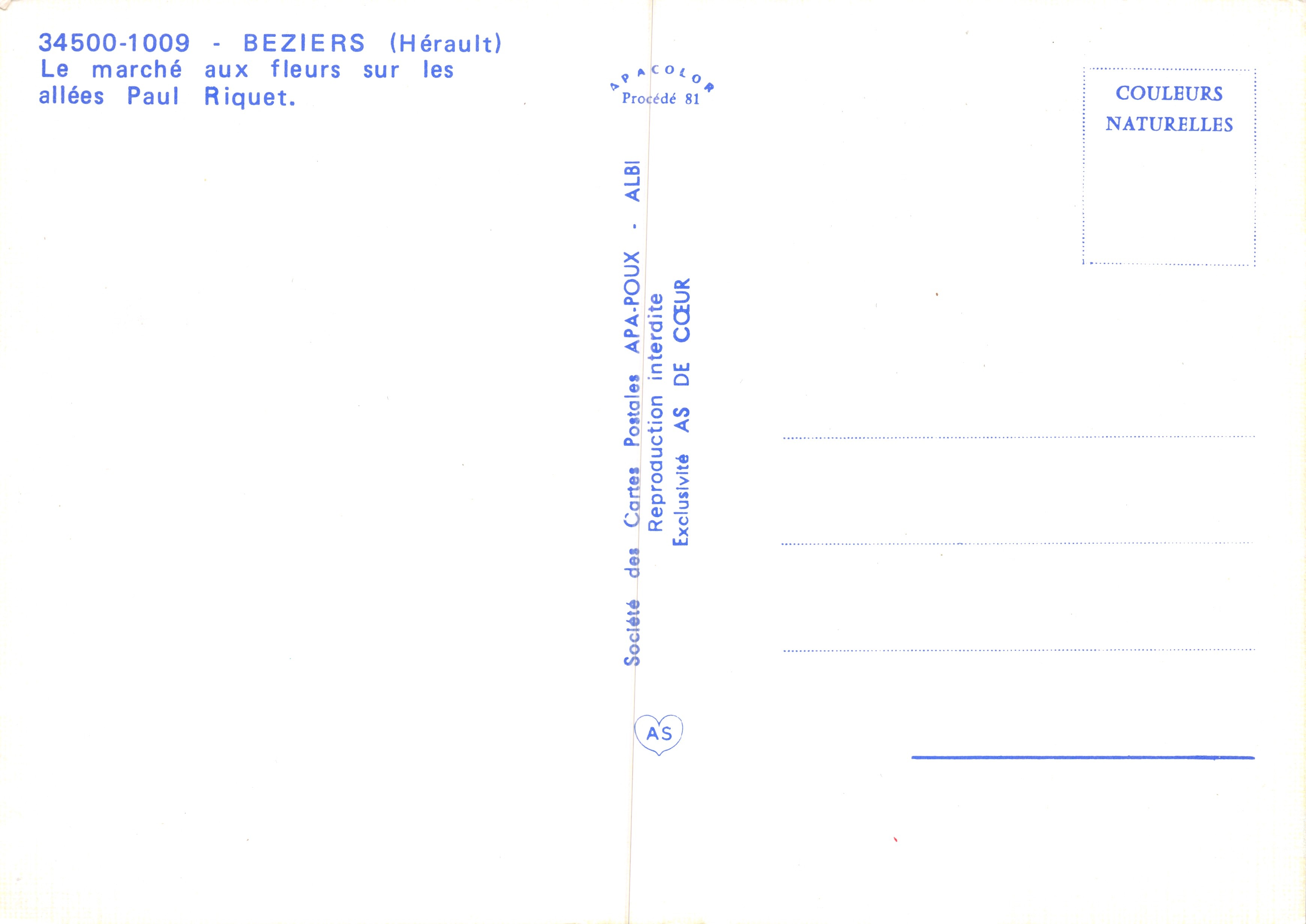 Béziers (Hérault) — Bloemenmarkt op de Paul Riquet Avenues — Société des Cartes Postales APA-POUX — Achterkant
