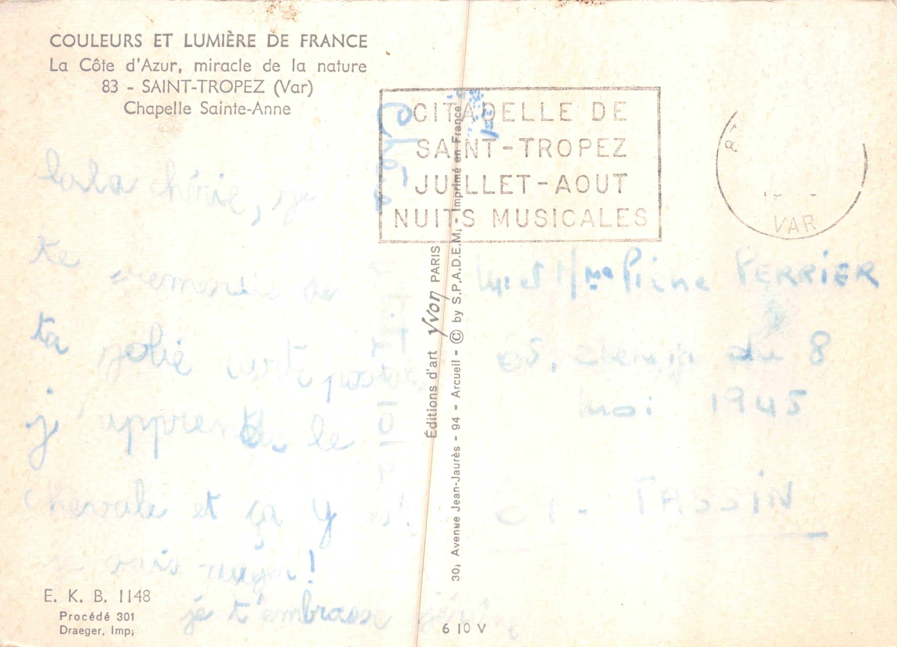 Chapel of Saint Anne — view of the citadel of Saint-Tropez — publisher Yvon — Back
