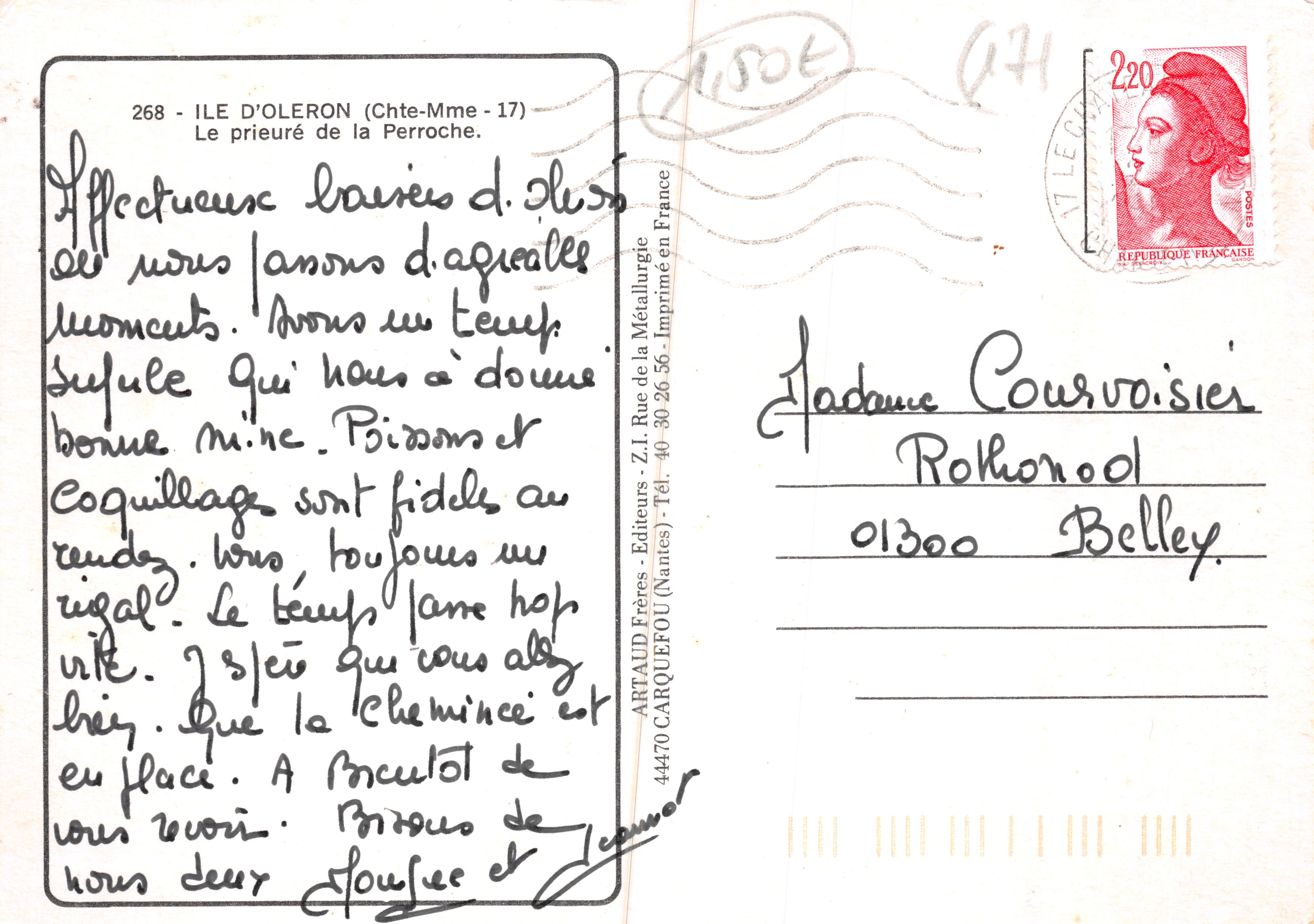 Portail et tour ronde de la Prieuré de la Perroche — Ile d'Oléron — éditeur ARTAUD Frères, Nantes, n° 268 — Verso