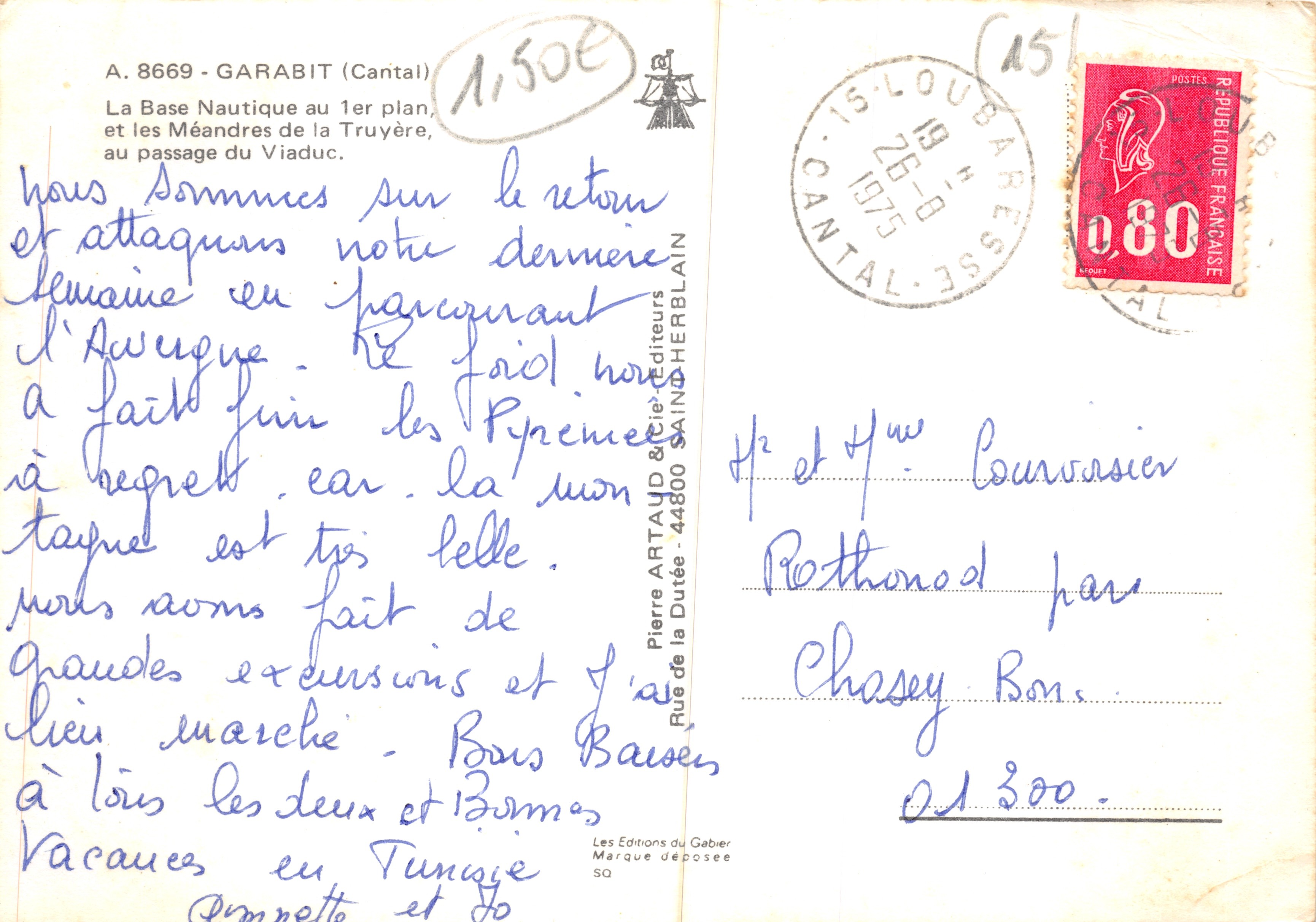 La Base Náutica en primer plano y los Meandros de la Truyère, en el paso del Viaducto — A. 8669 - GARABIT (Cantal) — editor: Les Éditions du Gabier — Reverso