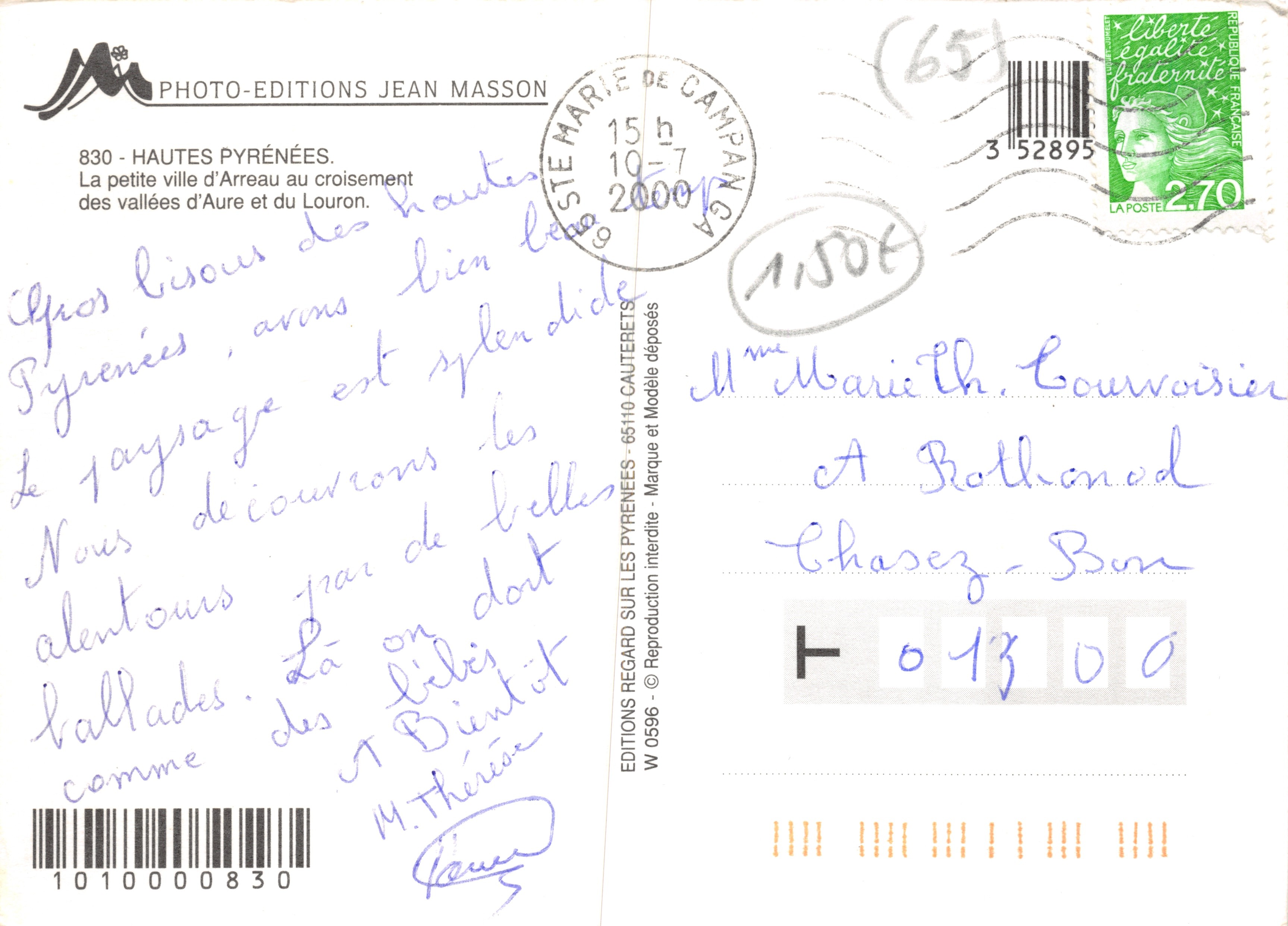 Arreau - Valle de Aure — vista panorámica del pueblo y las montañas, editor PHOTO-EDITIONS JEAN MASSON, n° 0596 — Reverso