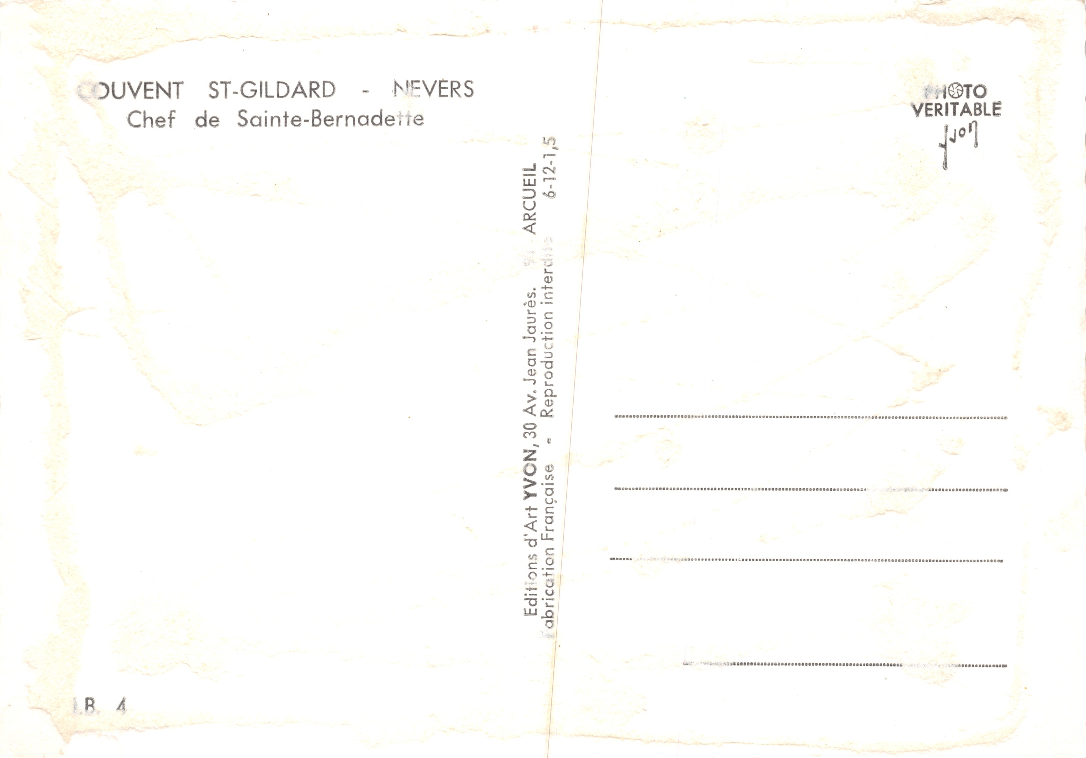 Entierro de Santa Bernadette — convento de Nevers — editor Éditions St-Gildard — Reverso