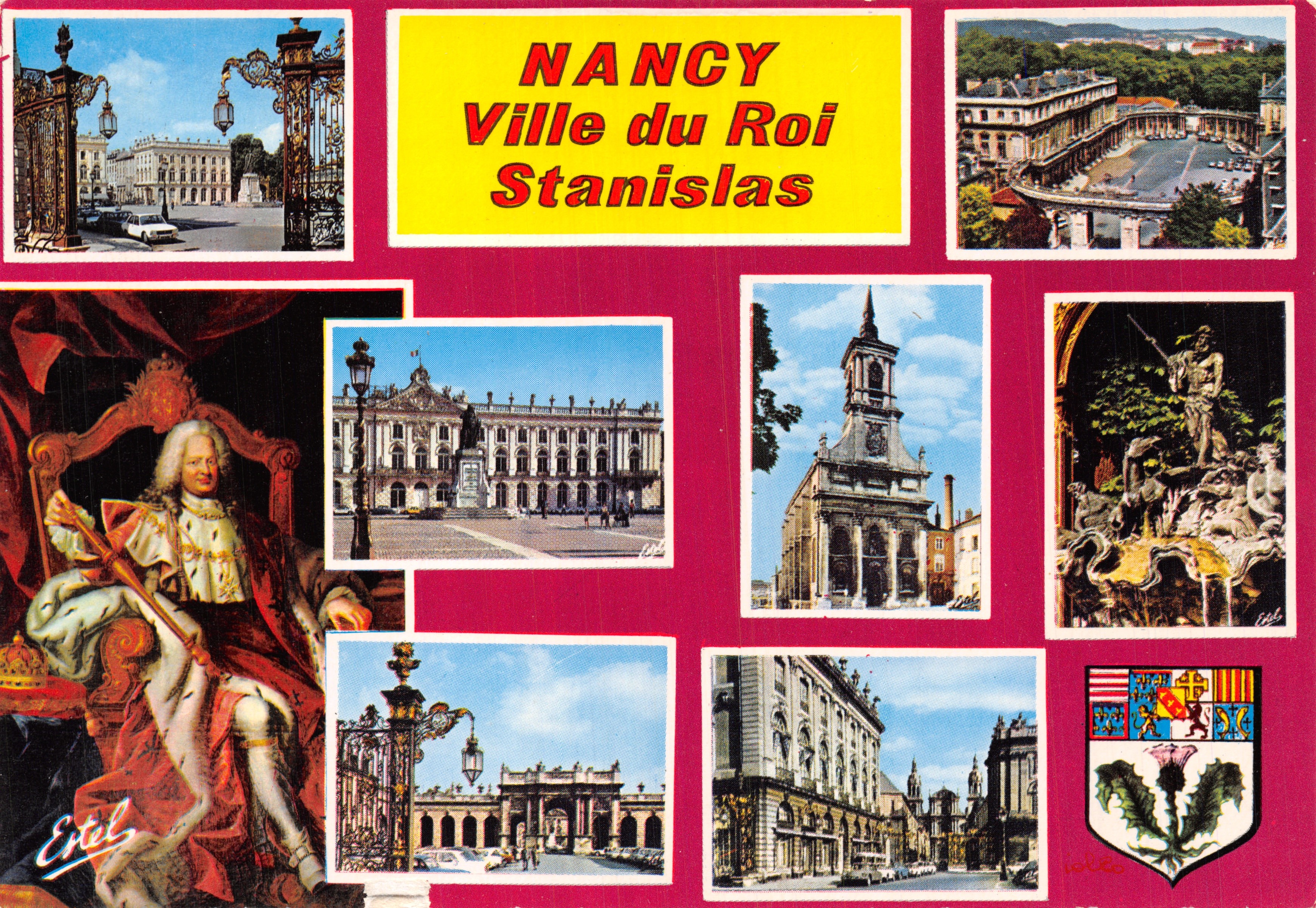 Nancy Stad van koning Stanislas — collage van uitzichten en portret van koning Stanislas, uitgever ESTEL