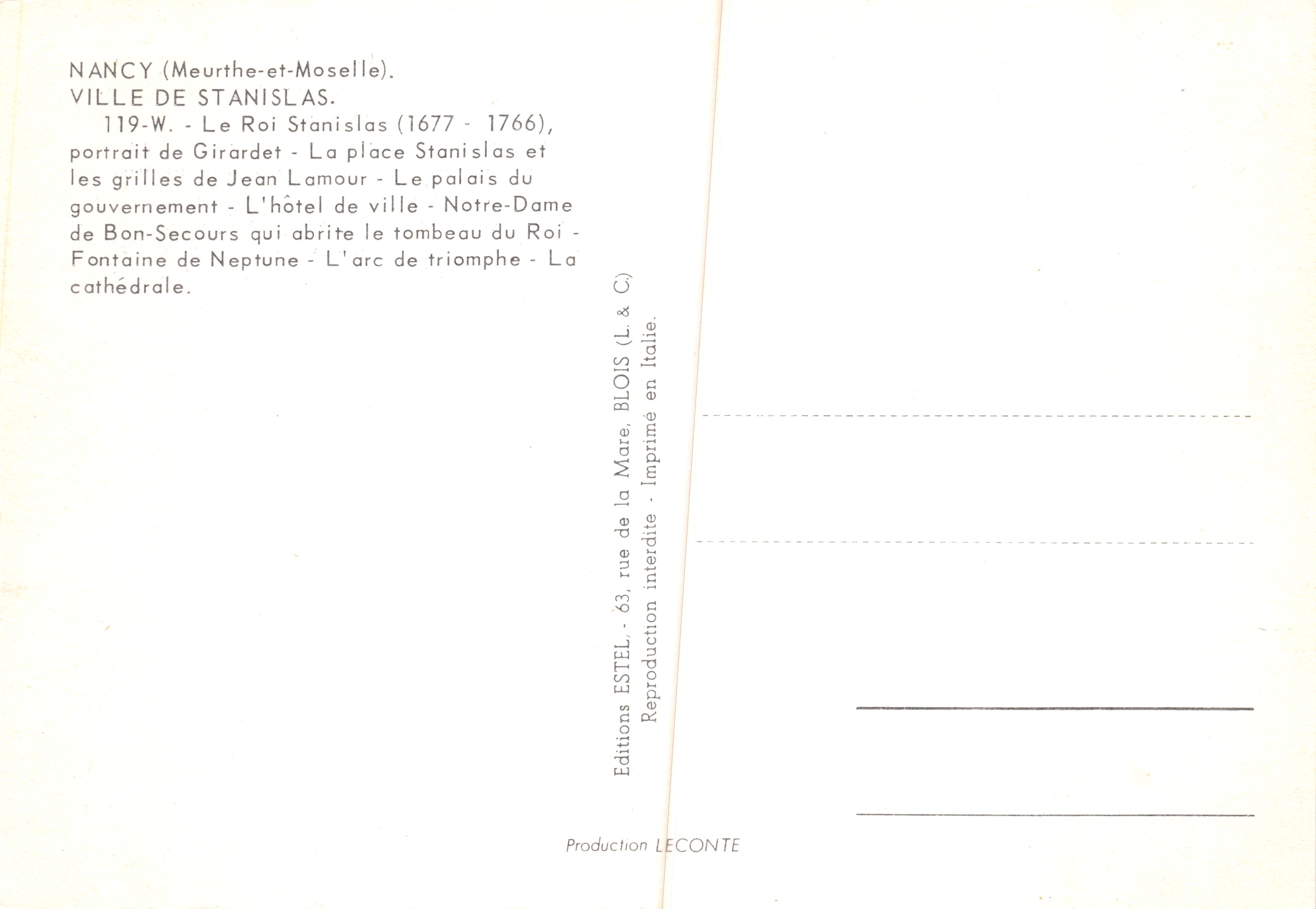 Nancy Stad van koning Stanislas — collage van uitzichten en portret van koning Stanislas, uitgever ESTEL — Achterkant