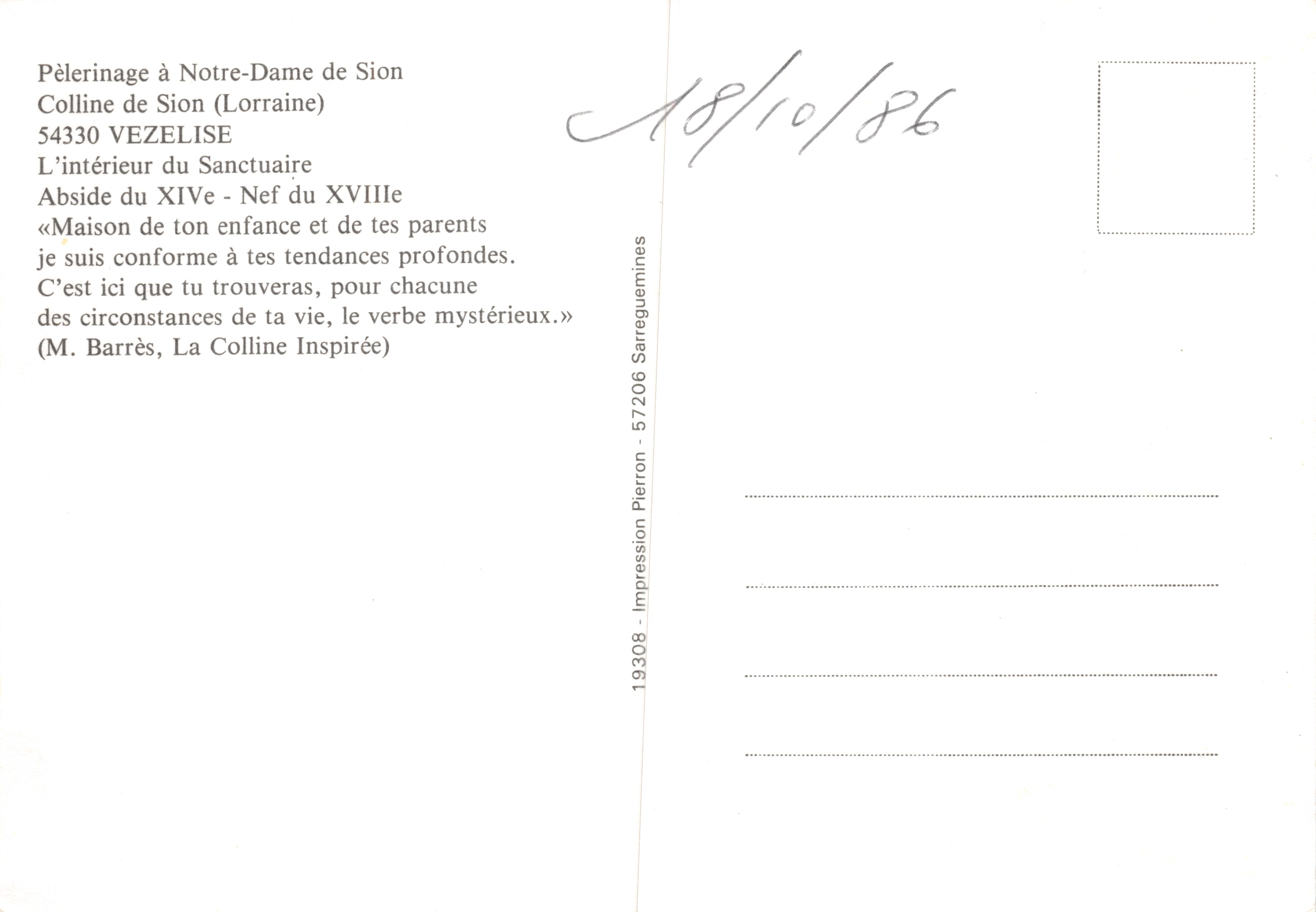 Inwendige weergave van de heuvel van Sion — Kerk van Notre-Dame de Sion (Lotharingen) — Druk Pierron — Achterkant