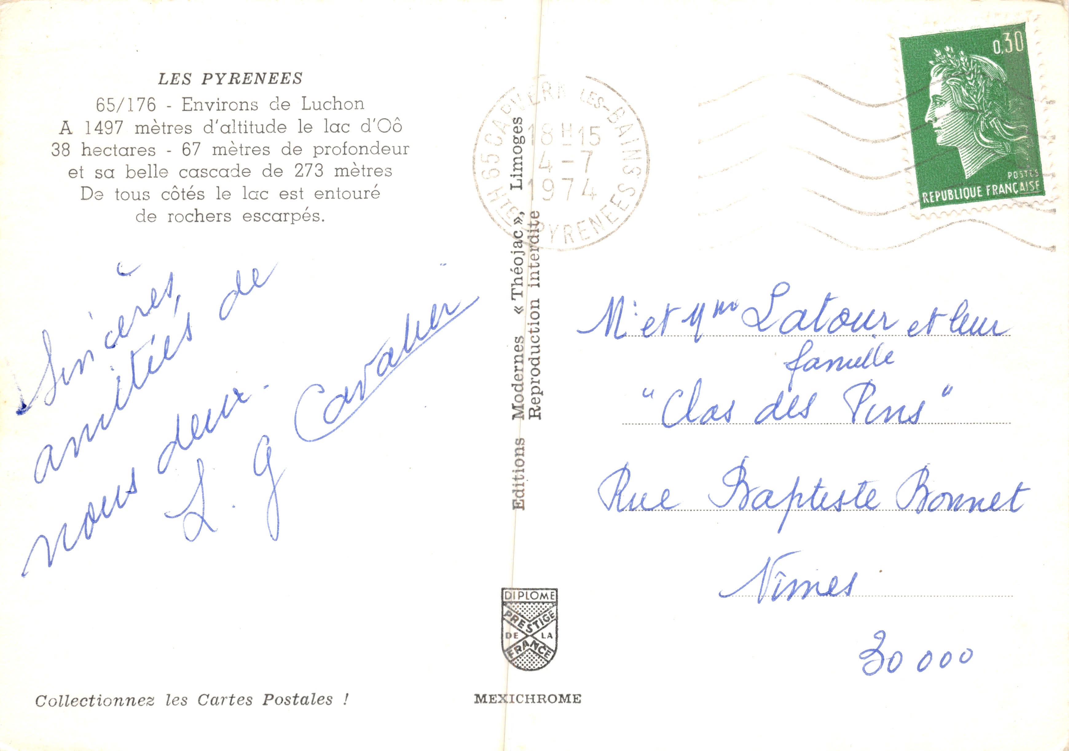 Lac d'Oò - Cascade - Les Pyrénées — Éditions Modernes « Théoïac », n°65/176 — Achterkant