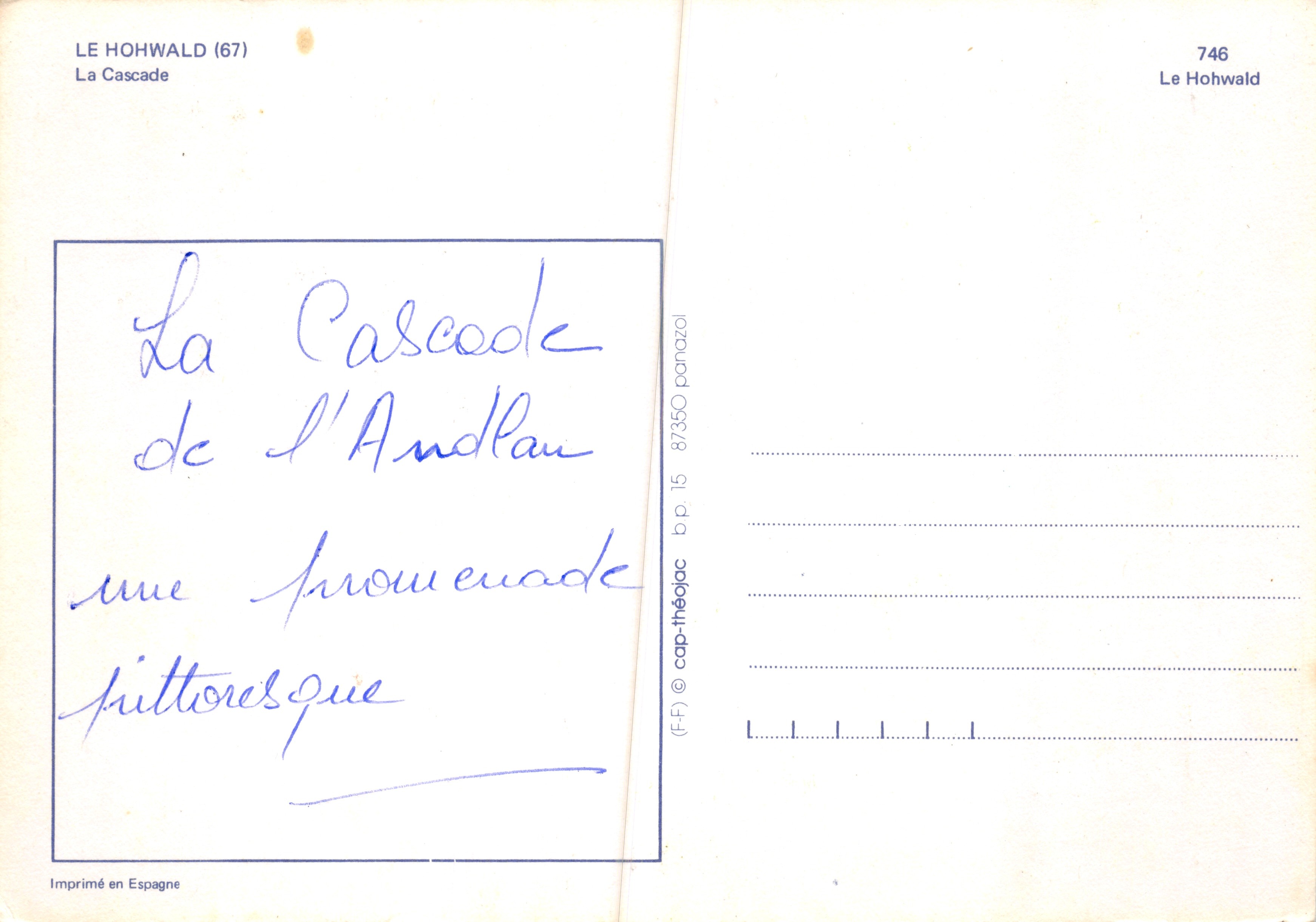 Le Hohwald (67) — Cascade de l'Andlau — Gedrukt in Spanje, nr. 746 — Achterkant