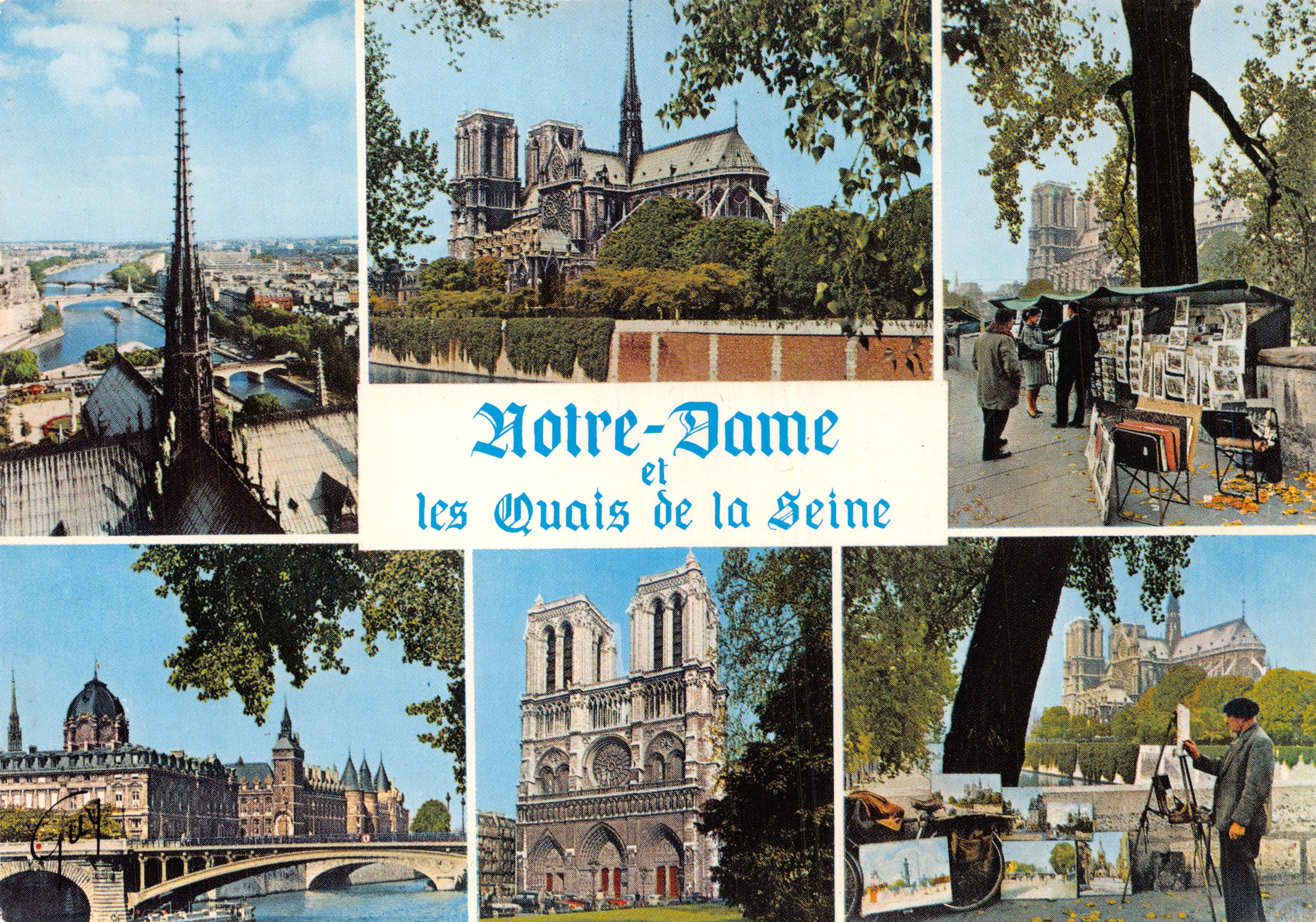Notre-Dame y los Quais de la Senna — vista panorámica con artistas y puente — editor GUY, n.º 5230