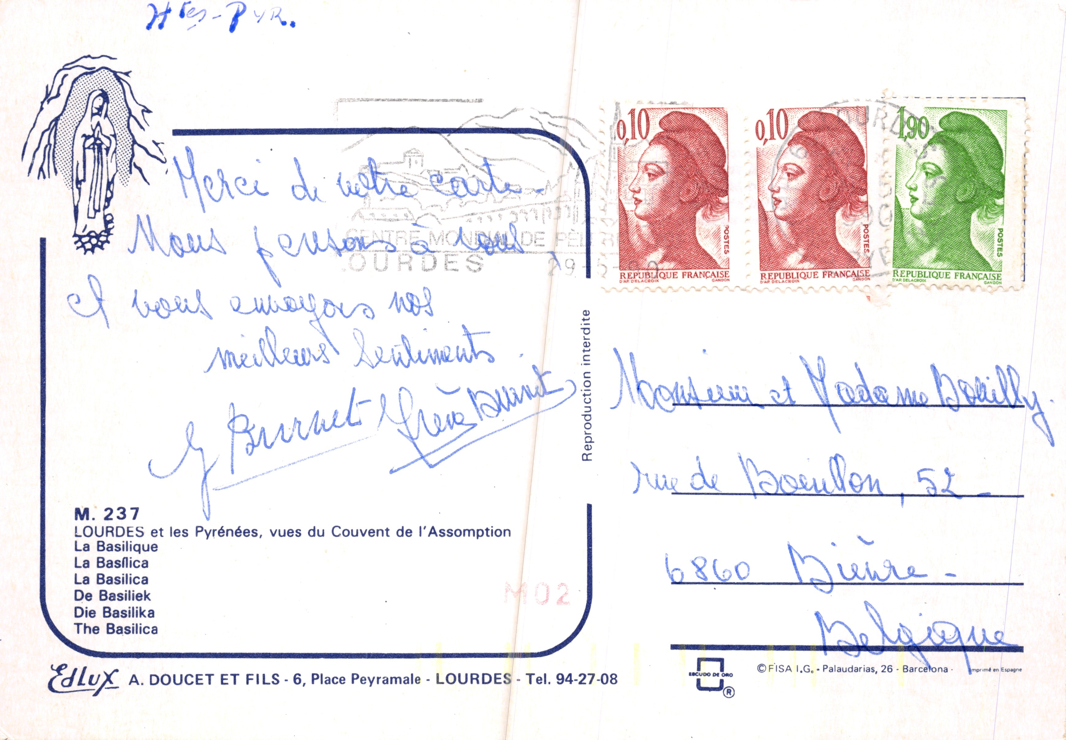 Lourdes — vista del convento de la Asunción y de la basílica — Editor: Edlux A. Doucet et Fils — Reverso