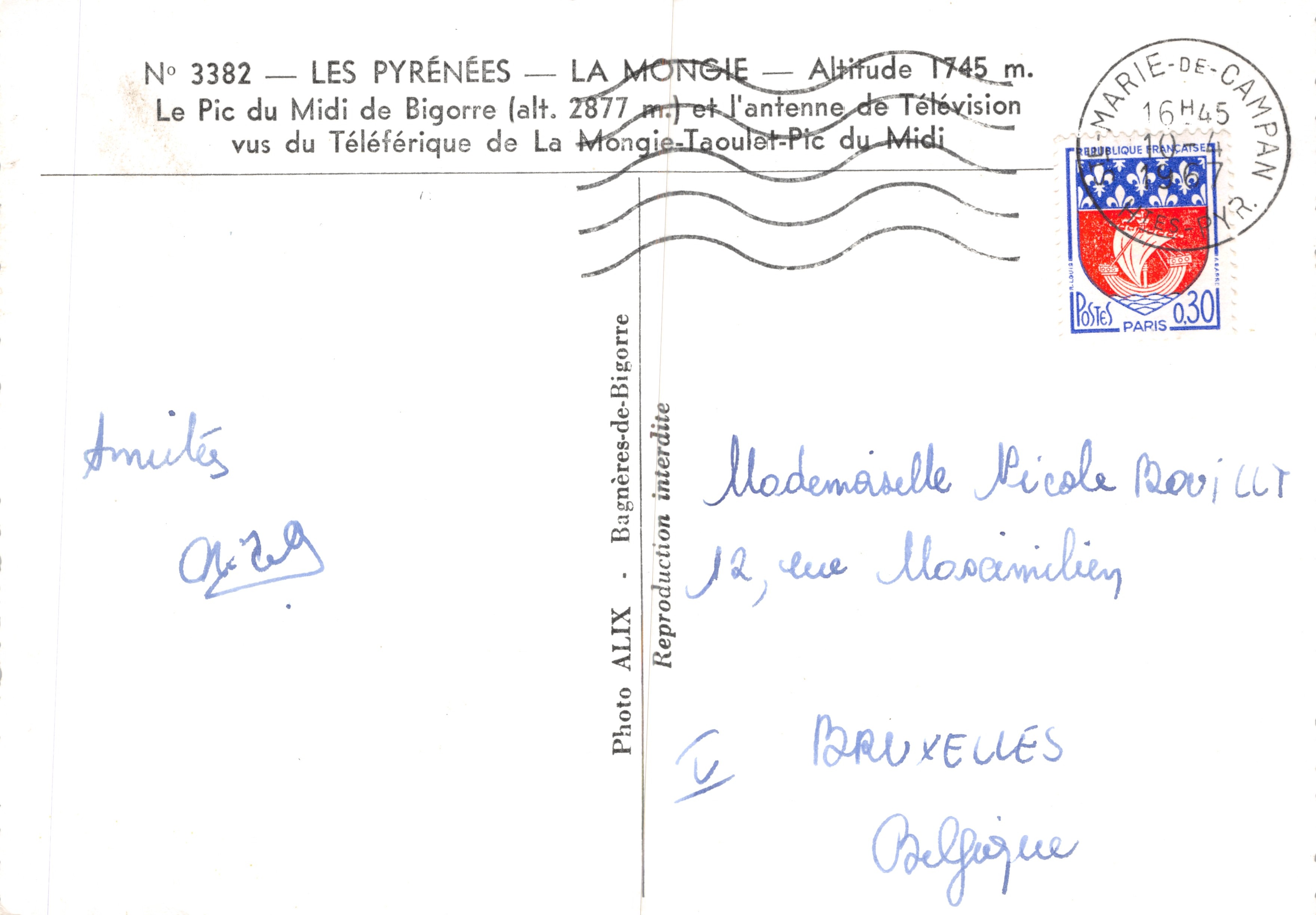 El Pic du Midi de Bigorre — vista desde el teleférico de La Mongie — editor ALIX, n.º 3382 — Reverso