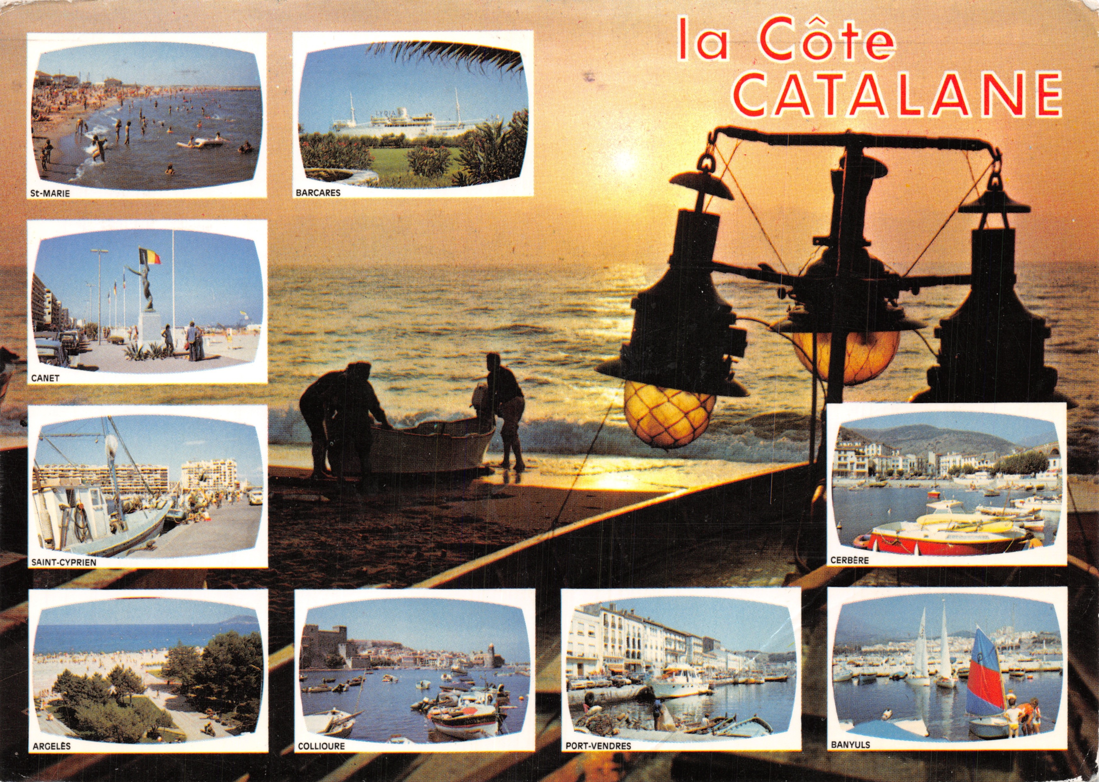 La Costa Catalana — vista di faro al tramonto con vignette delle stazioni di St-Marie, Barcarets, Canet, ecc. — Editions S. Audumares, Stampa in Francia