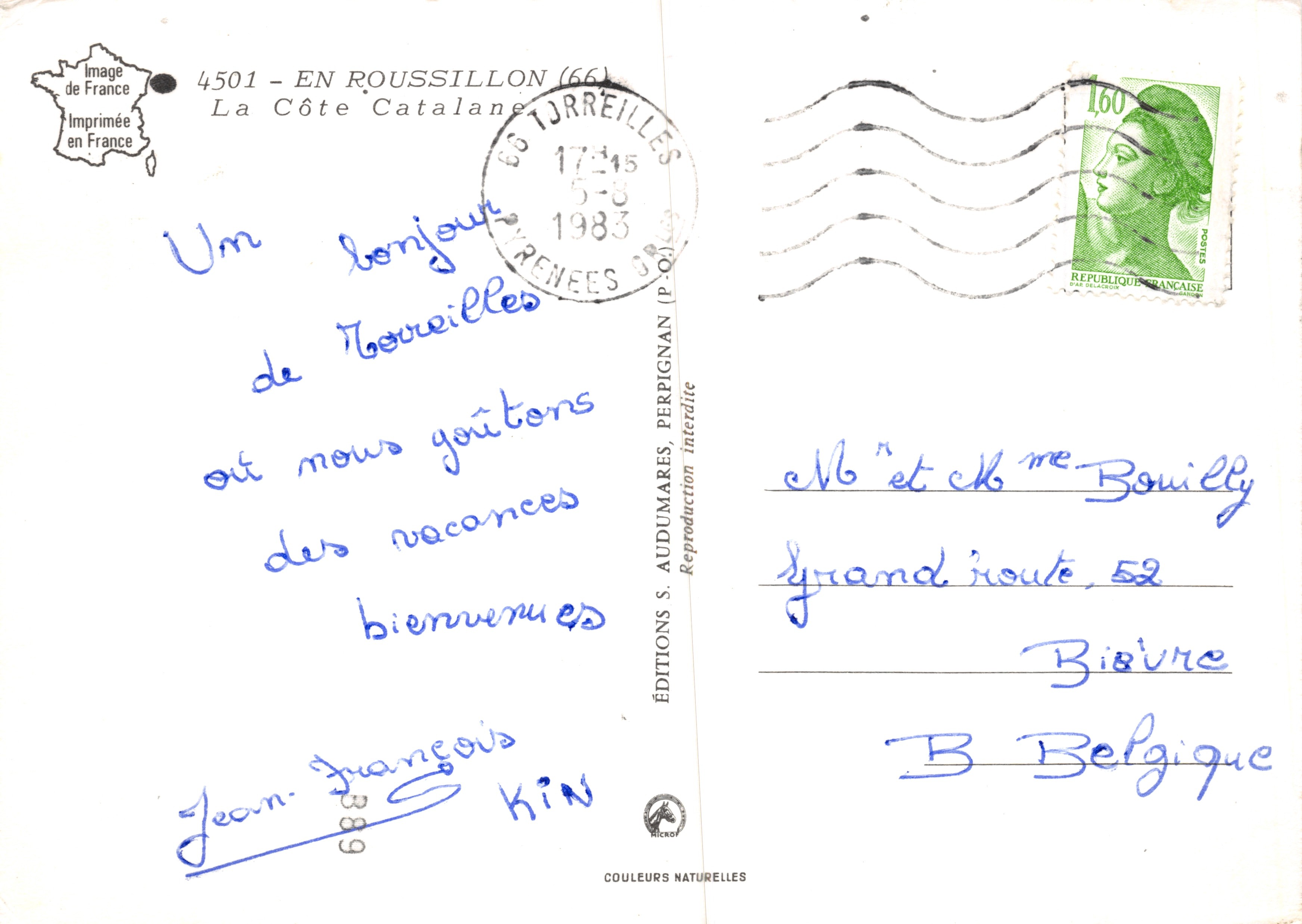 La Costa Catalana — vista di faro al tramonto con vignette delle stazioni di St-Marie, Barcarets, Canet, ecc. — Editions S. Audumares, Stampa in Francia — Verso