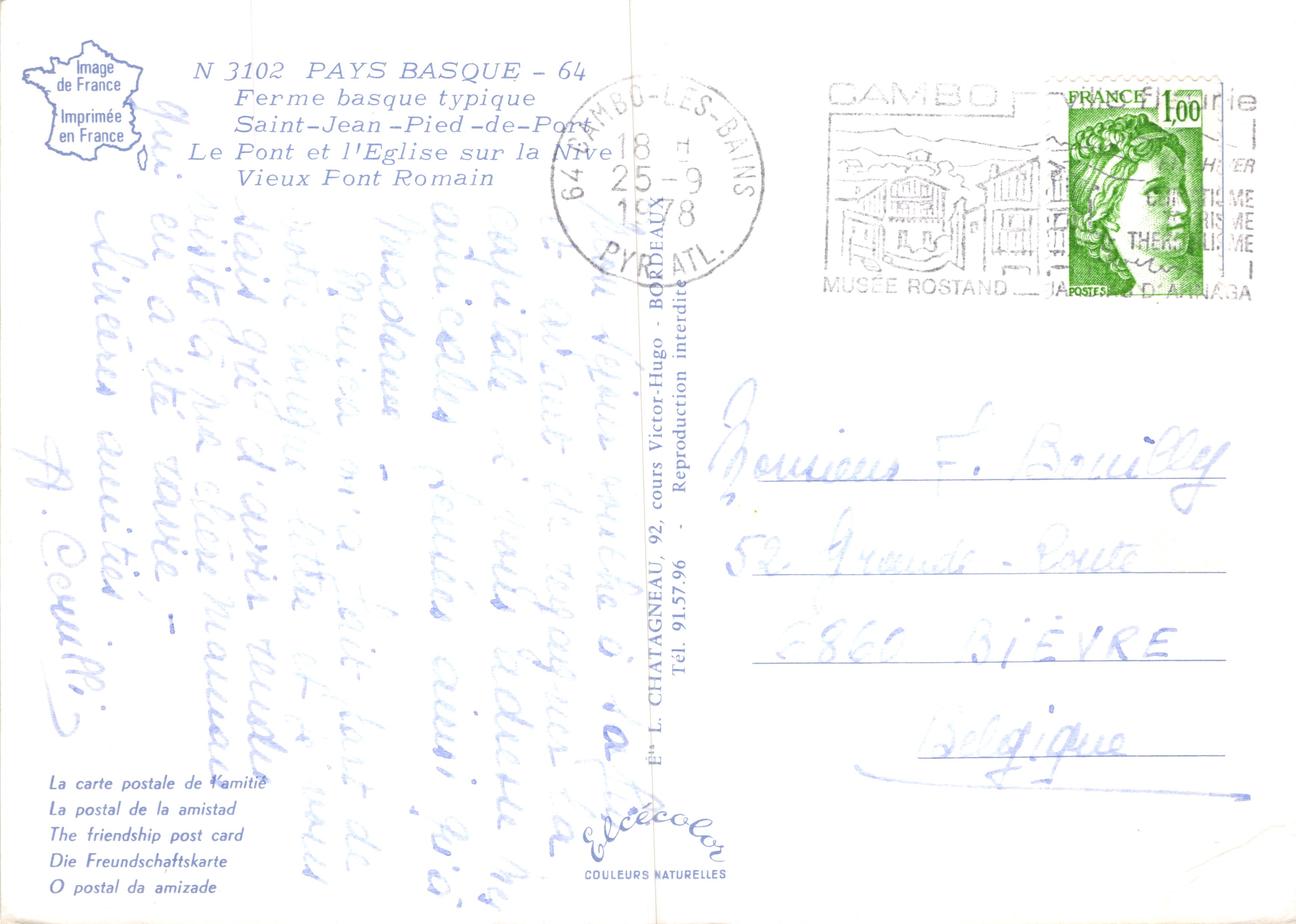 Pais Vasco — Escenas típicas: granja, puente, iglesia — Editor Élécécolor, n.º 3102 — Reverso