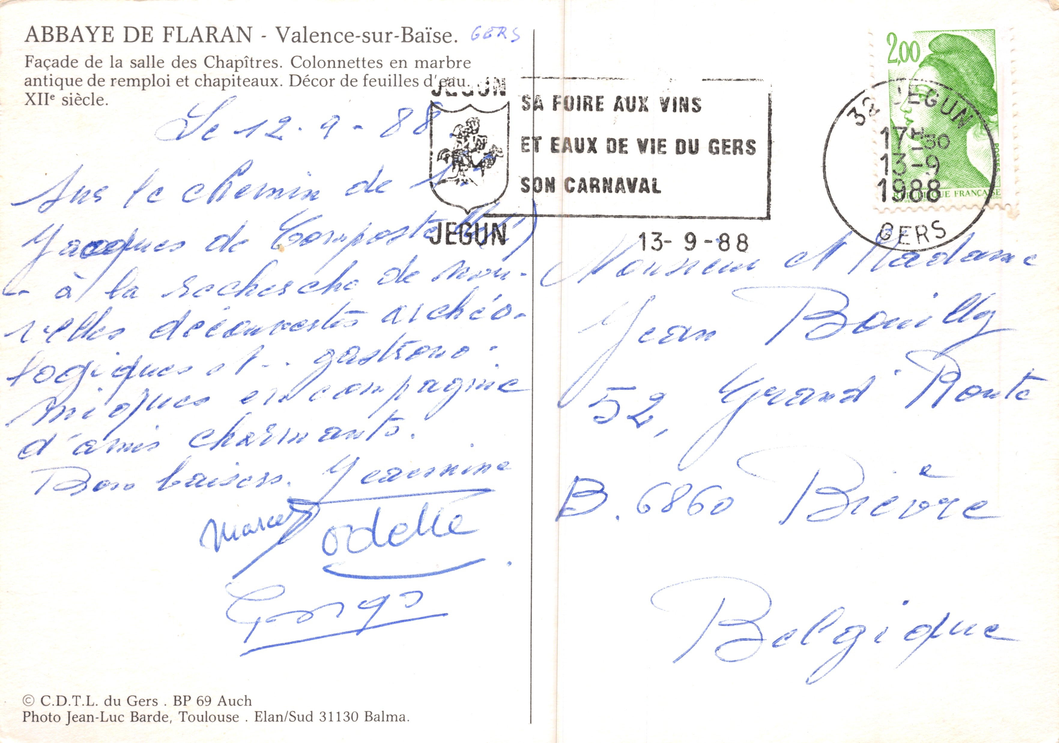 Abadía de Flaran — Fachada de la sala de Capítulo con columnas de mármol antiguo — C.D.T.L. del Gers, BP 69 Auch — Reverso