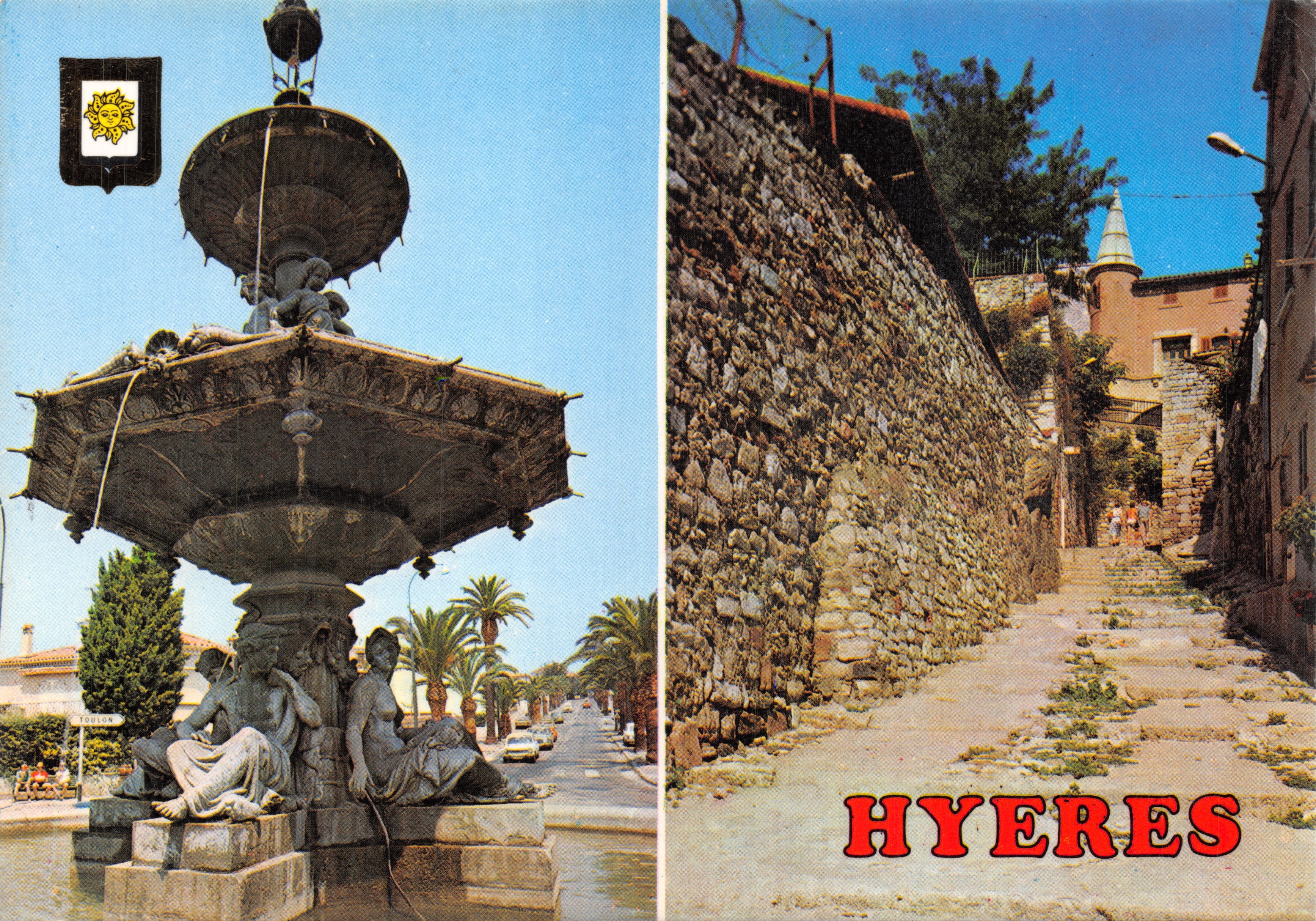 Hyères — Fuente decorada con estatuas y calle empedrada — Riviera-Diffusion