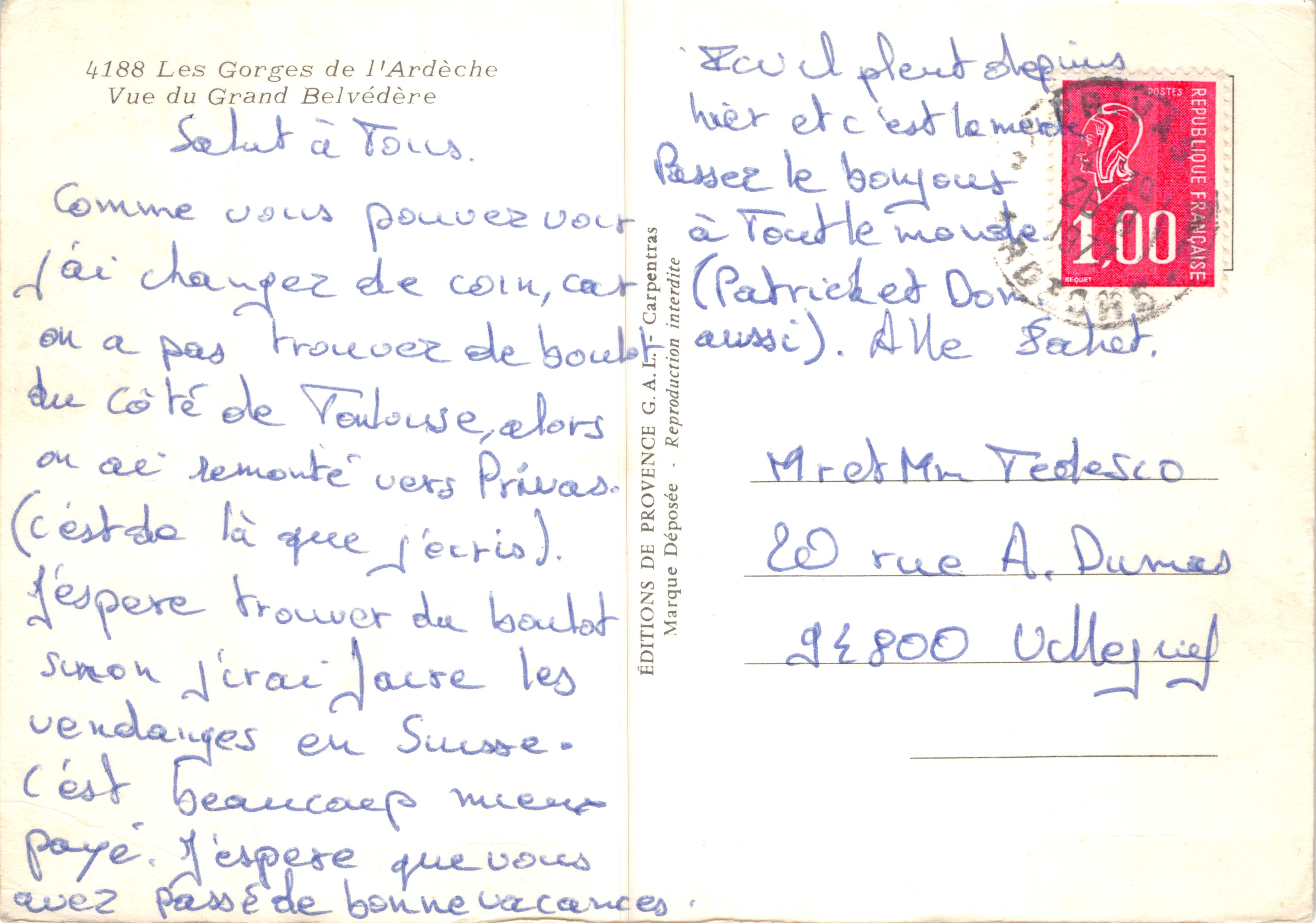 Die Schluchten der Ardèche — Aussicht vom Grand Belvédère — Editions G.A.L. - Reproduktion verboten — Rückseite