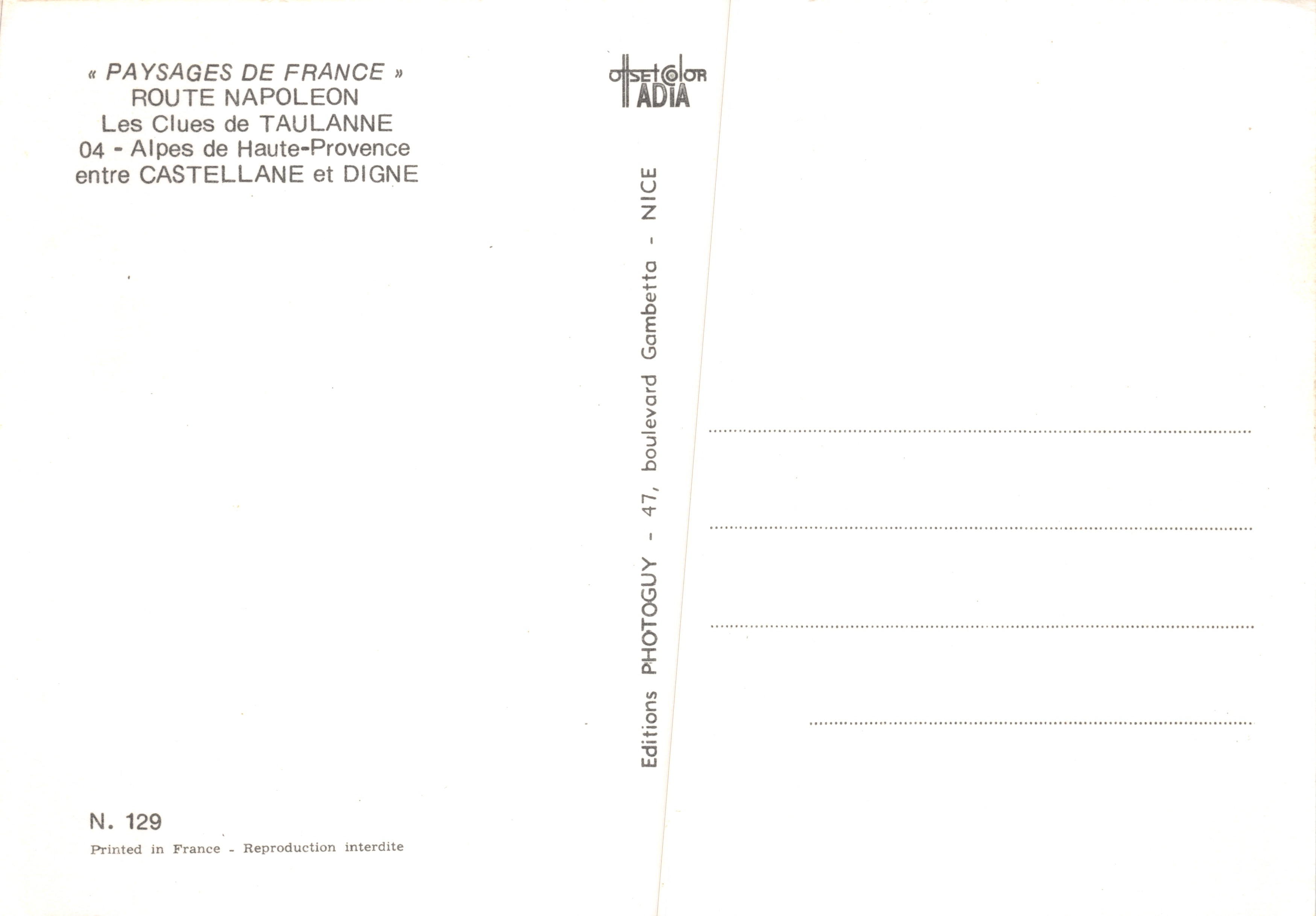 Route Napoléon — Les Clues de Taulanne — Éditions OSET COLOR ADIA, N° 129 — Rückseite