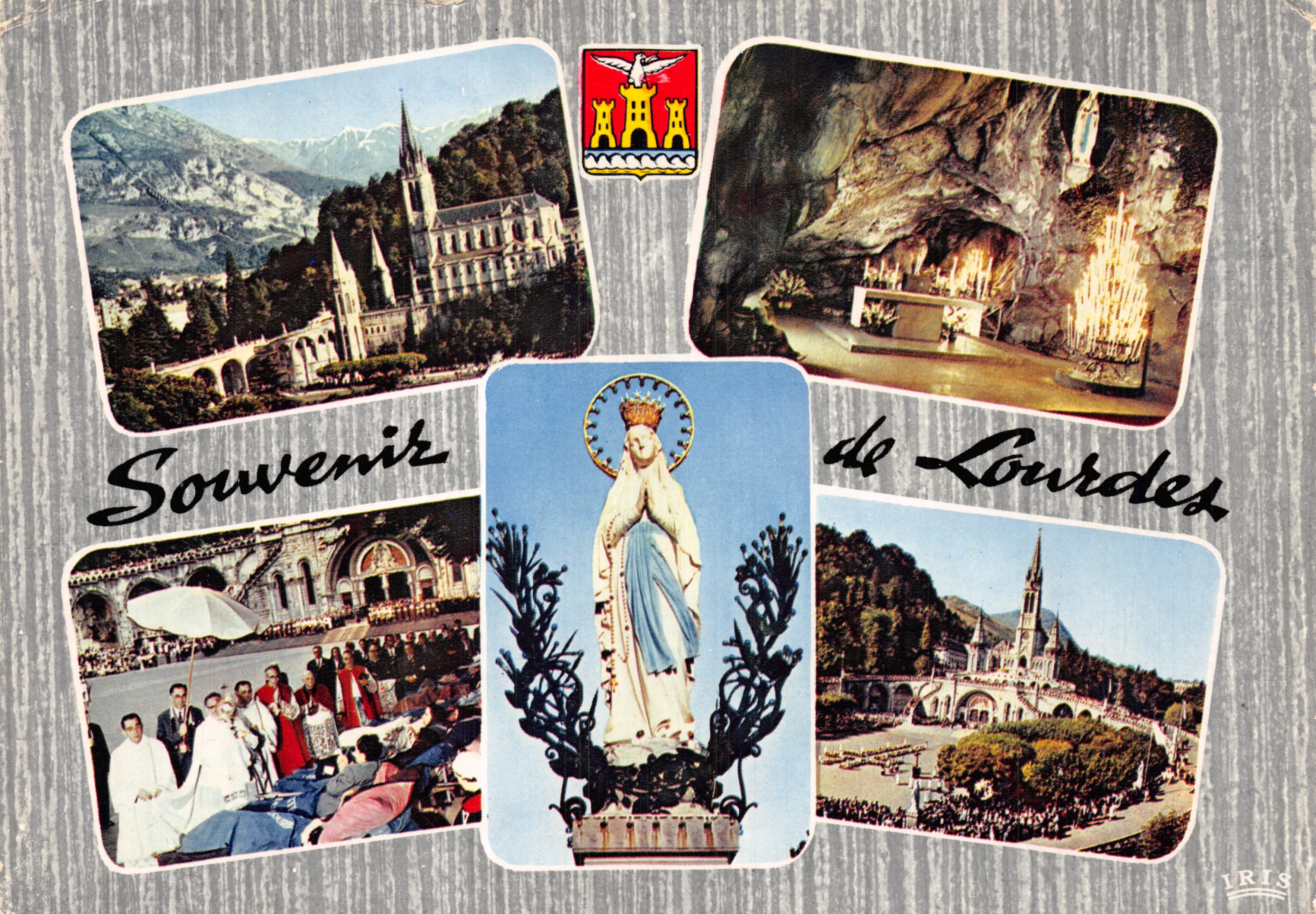 Lourdes — uitzicht op de grot, basiliek, beeld van Onze Lieve Vrouw en pellegrinage — uitgever IRIS