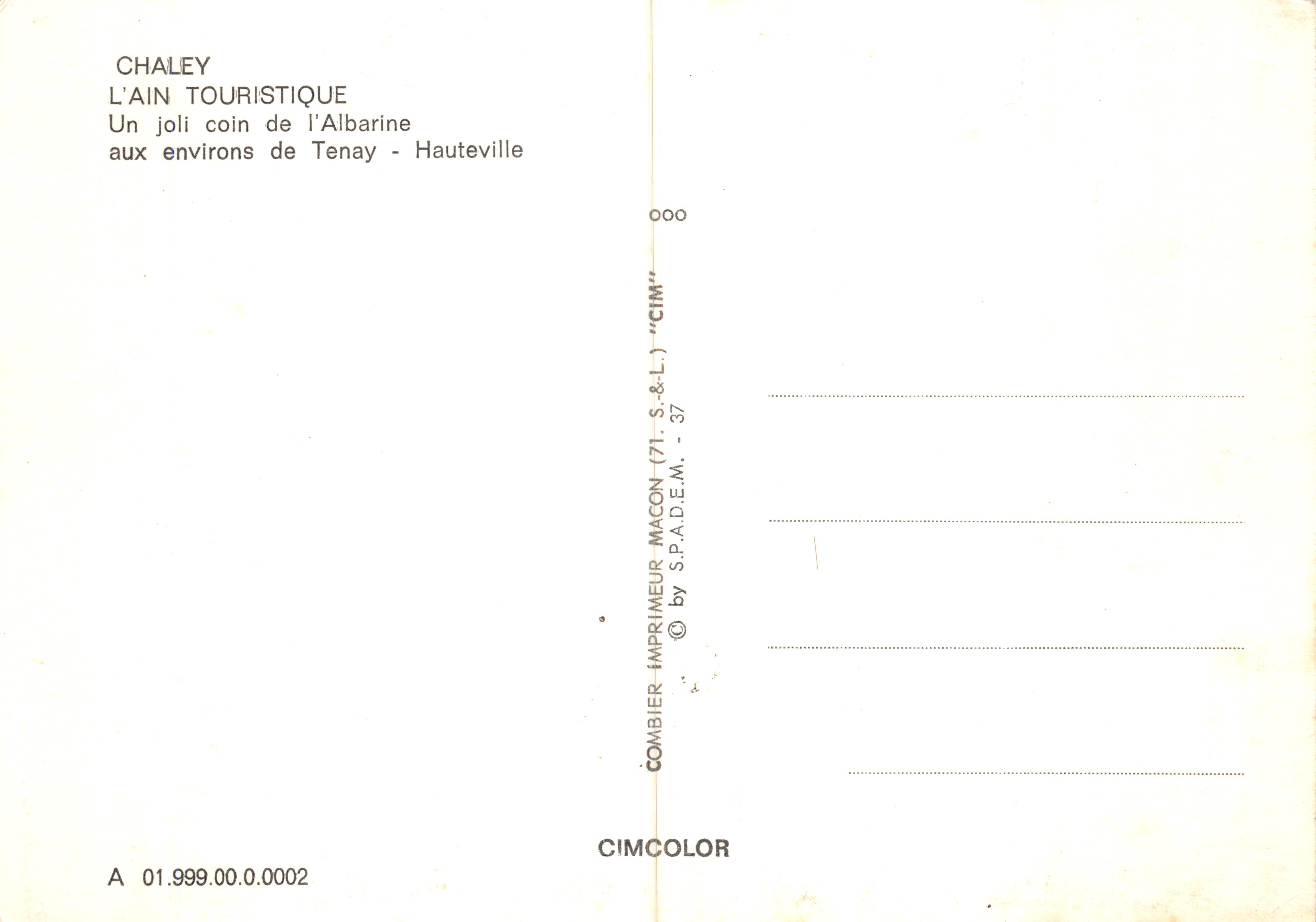 Chaley — un joli coin de l'Albarine aux environs de Tenay - Hauteville — éditeur COMBIBIER IMPRIMEUR-MACON (71) S.&L. - 37 — Achterkant