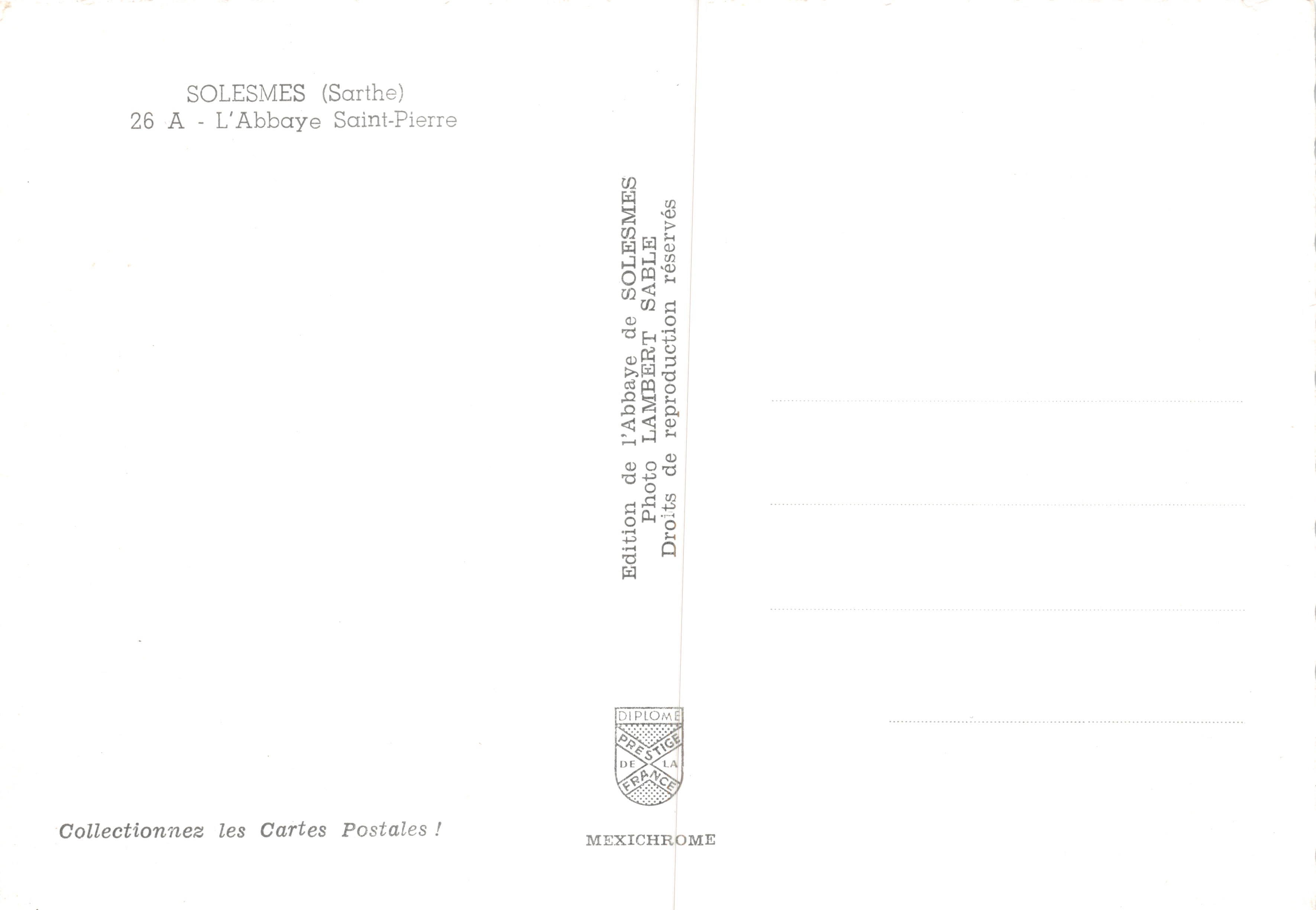 La Abadía de San Pedro — vista desde el río — edición de la Abadía de SOLESMES (Sarthe), n.º 26 A — Reverso