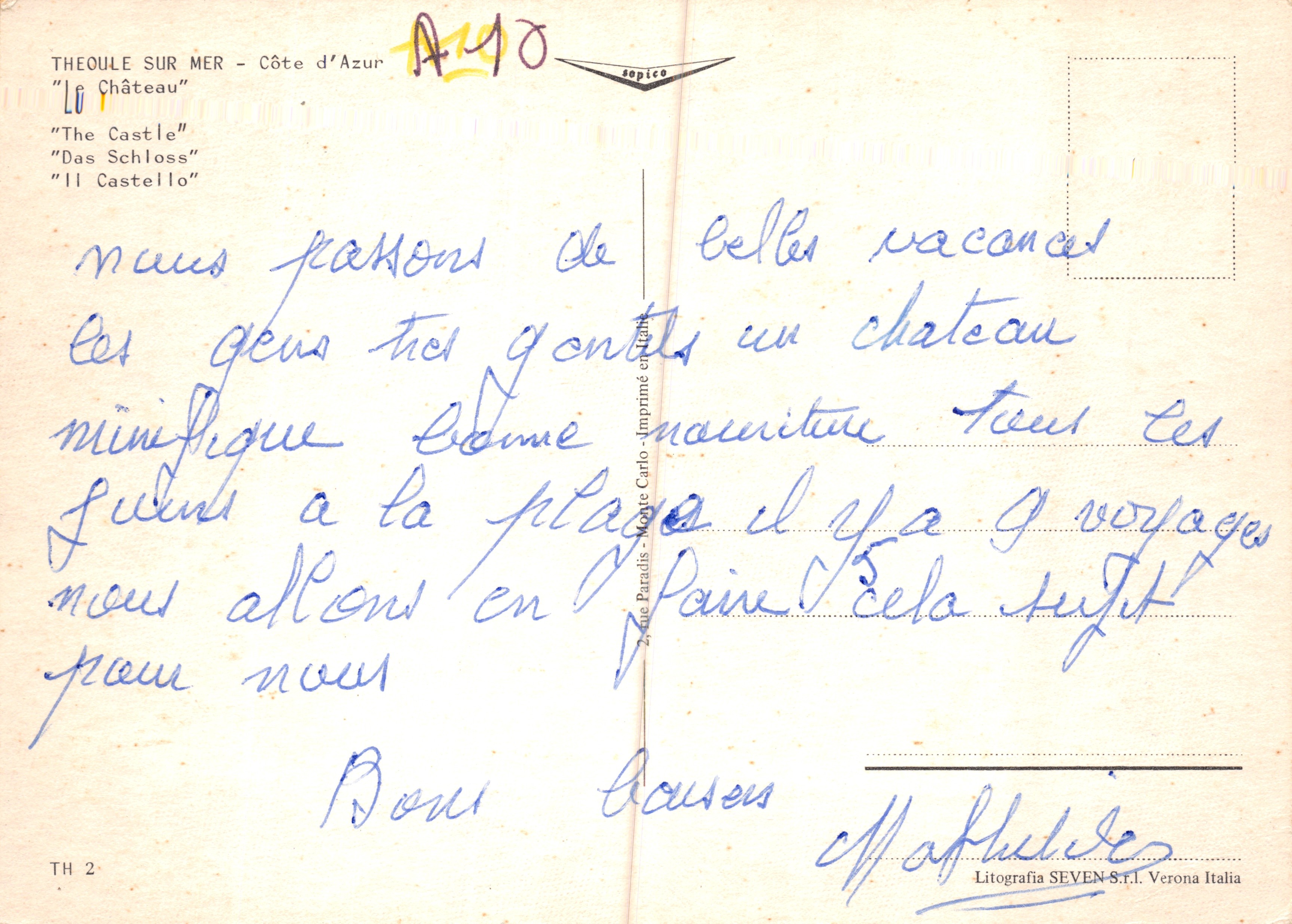 Théoule-sur-Mer — Le Château — Litografia SEVEN S.T.I. Verona Italia — Achterkant
