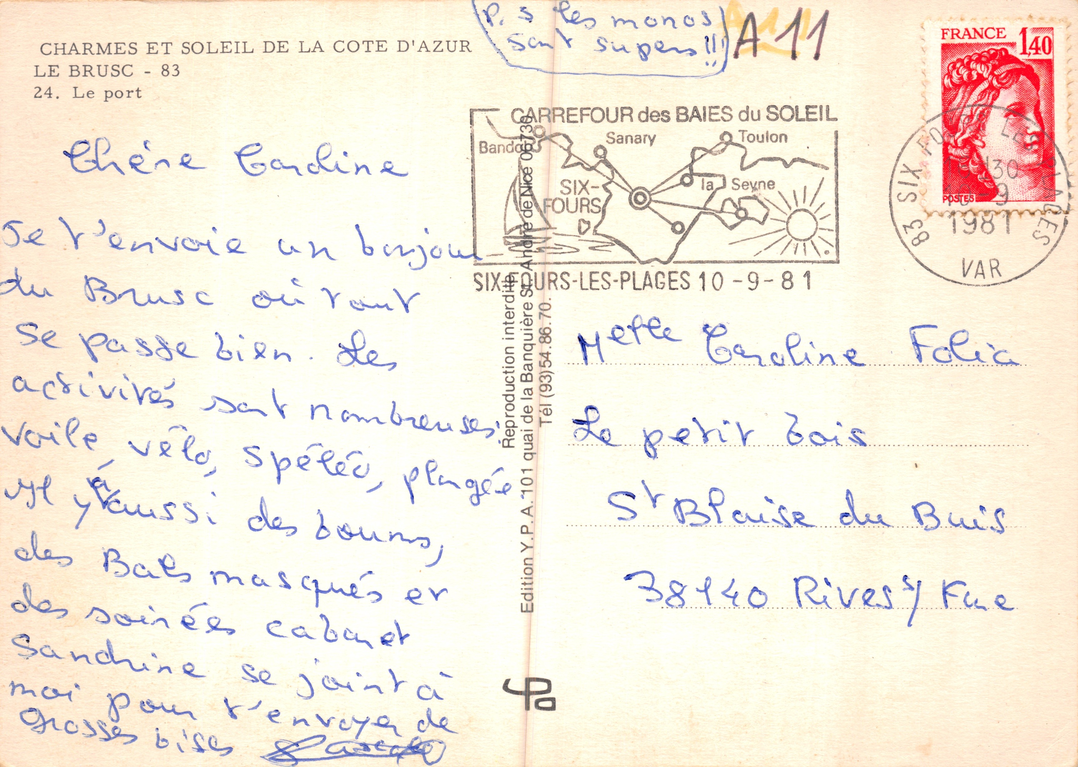 Il porto di Six-Fours-les-Plages — vista del porto con faro e barche — Edizione Y.P.A. 101 — Verso