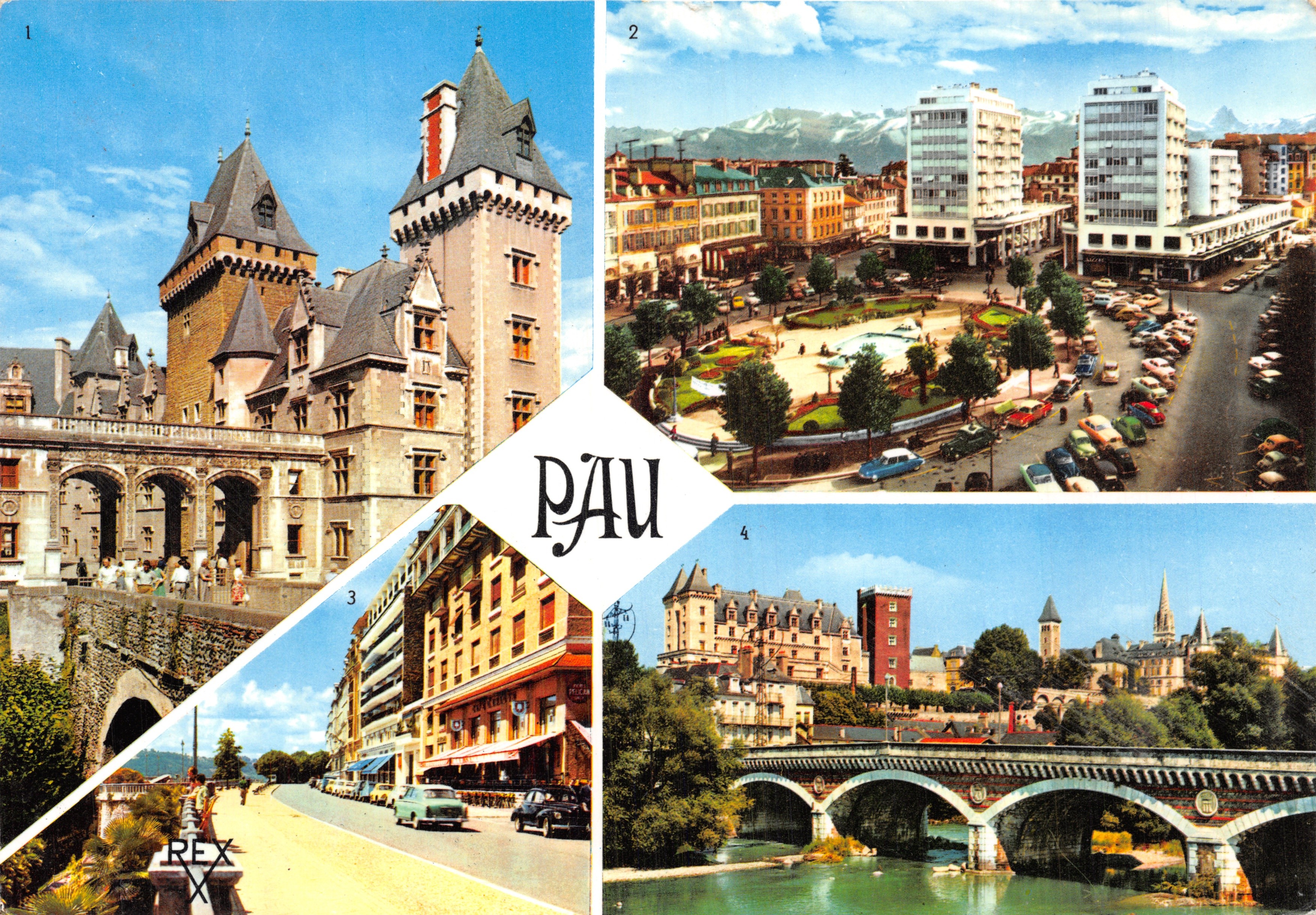 Pau — Panoramablick mit Schloss, Platz, Boulevard und Brücke — Editions REX, n°340