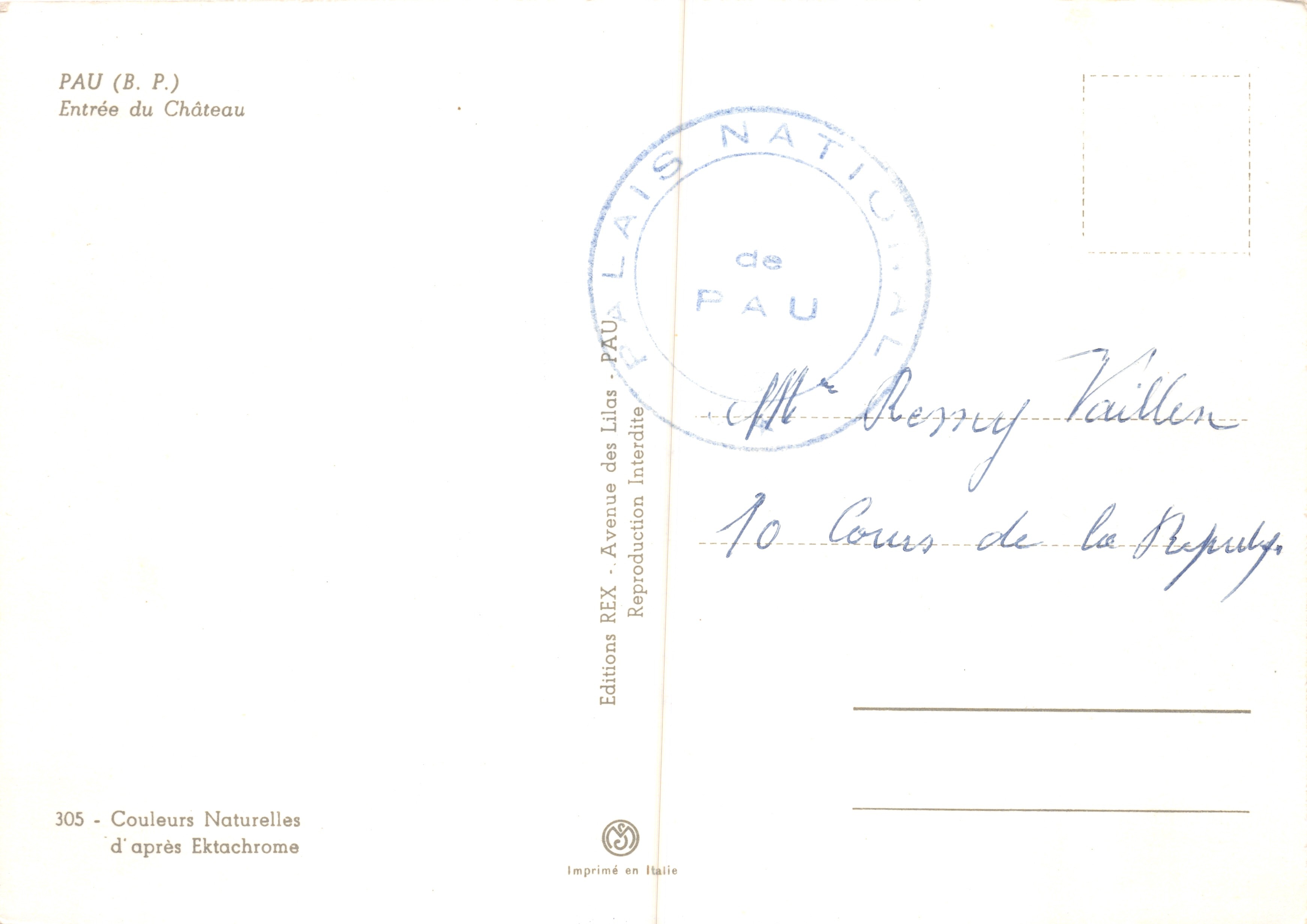 Château de Pau — hoofdingang met torens en poort — Editions des Lilas, nr. 305 — Achterkant